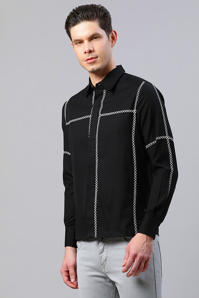 Men Black Cross-Stitch Embroidered Shirt
