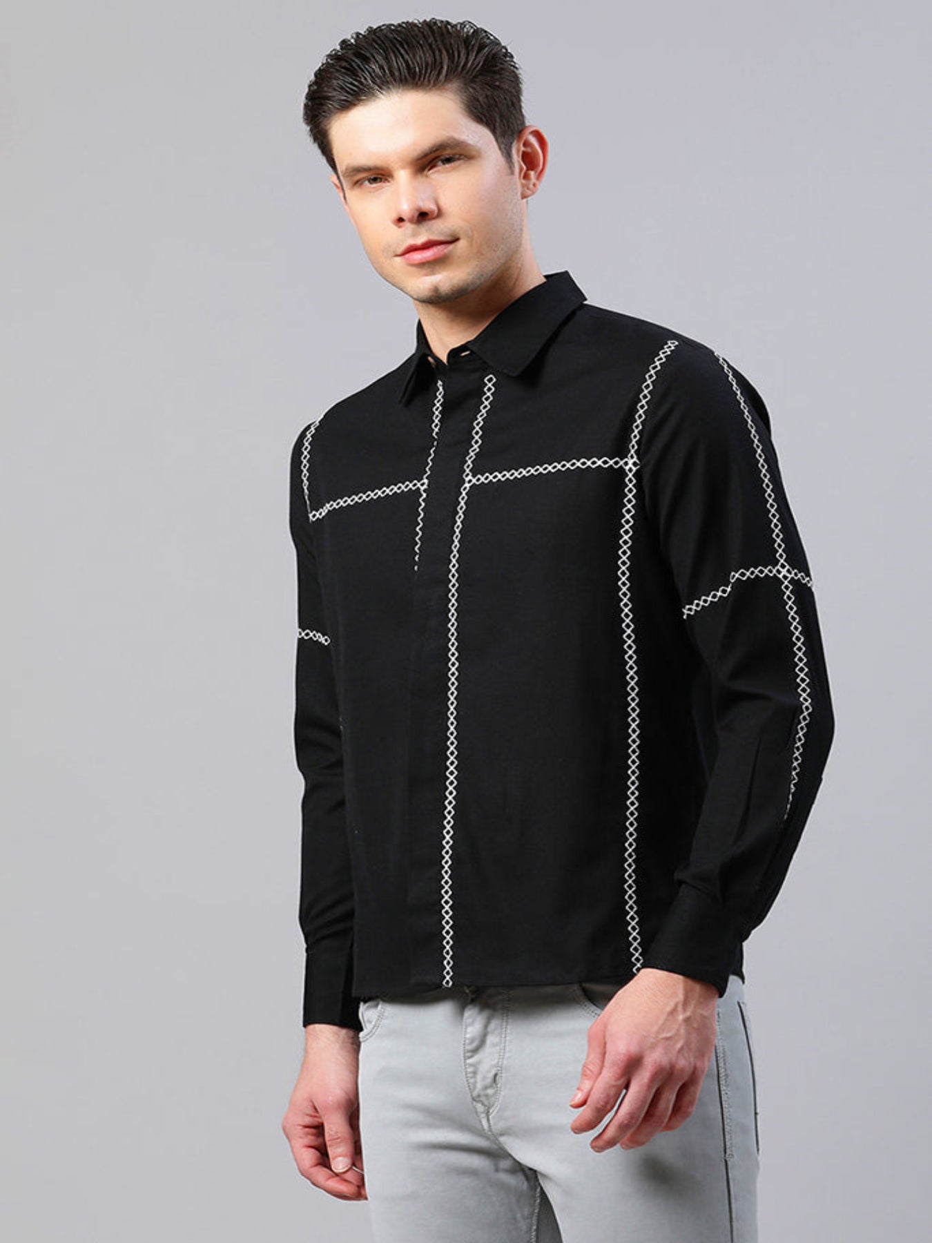 Men Black Cross-Stitch Embroidered Shirt