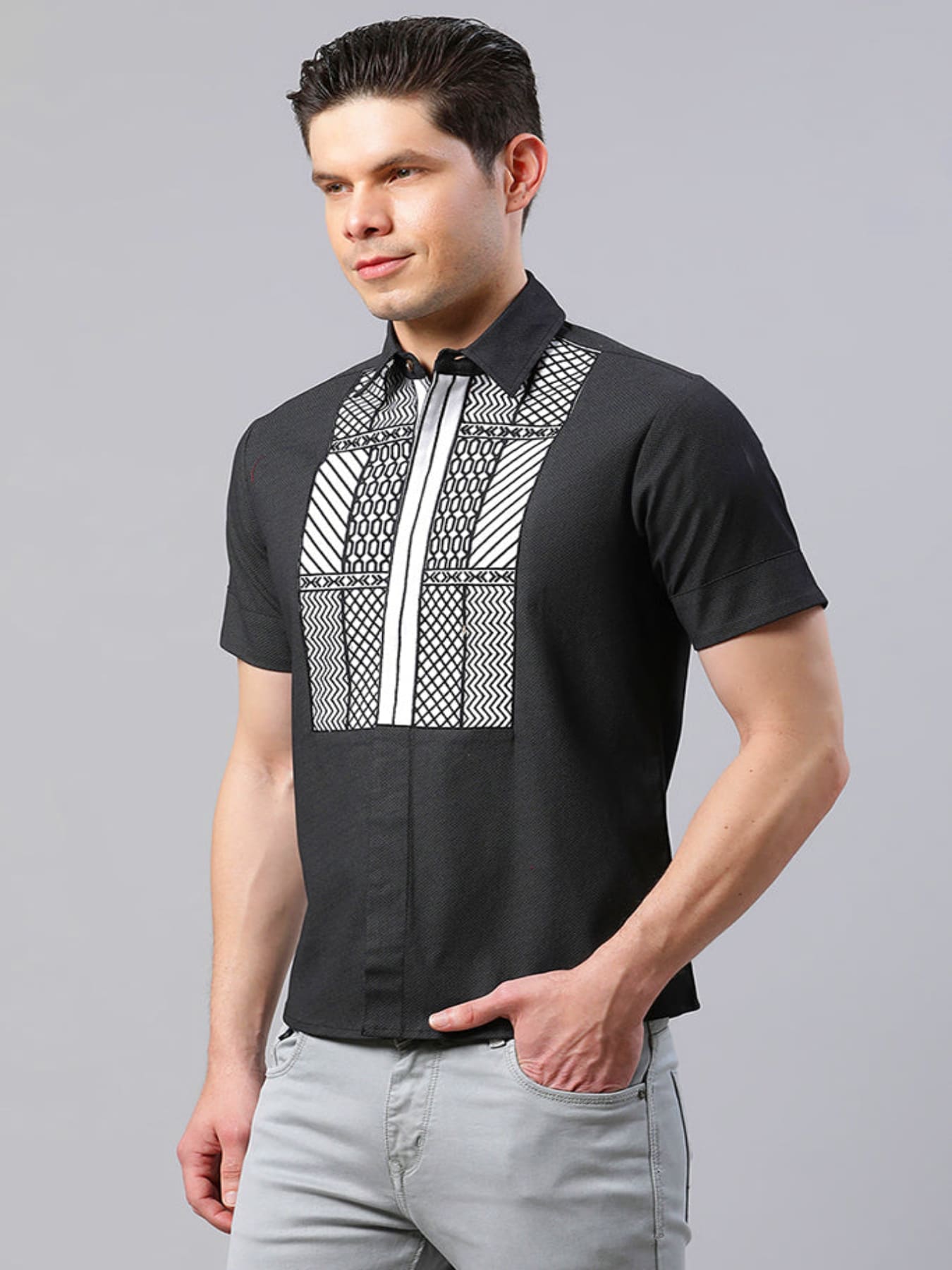 Black Yoke Embroidered Straight Fit Shirt