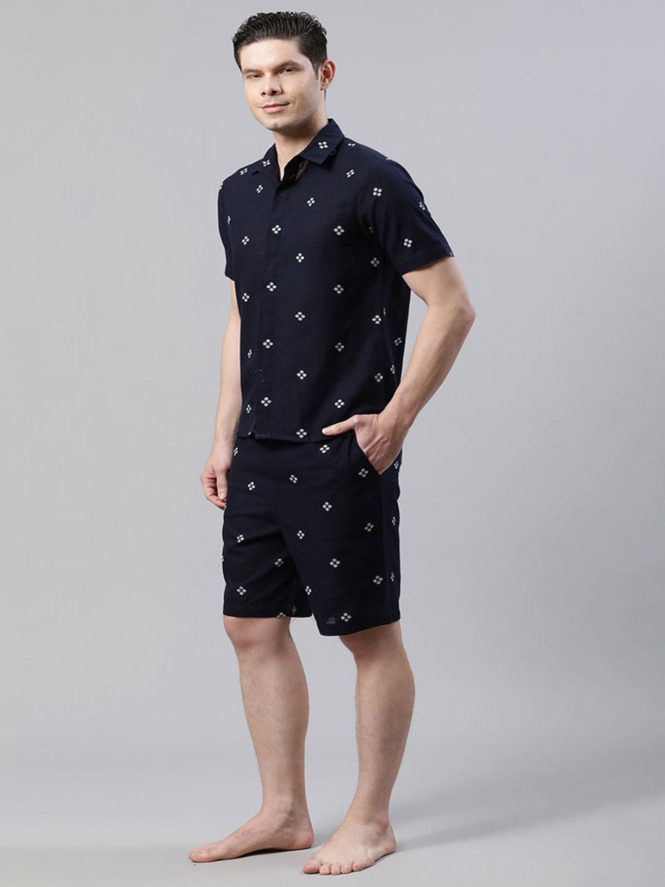 Men Geometric Motif Navy Blue Loungewear