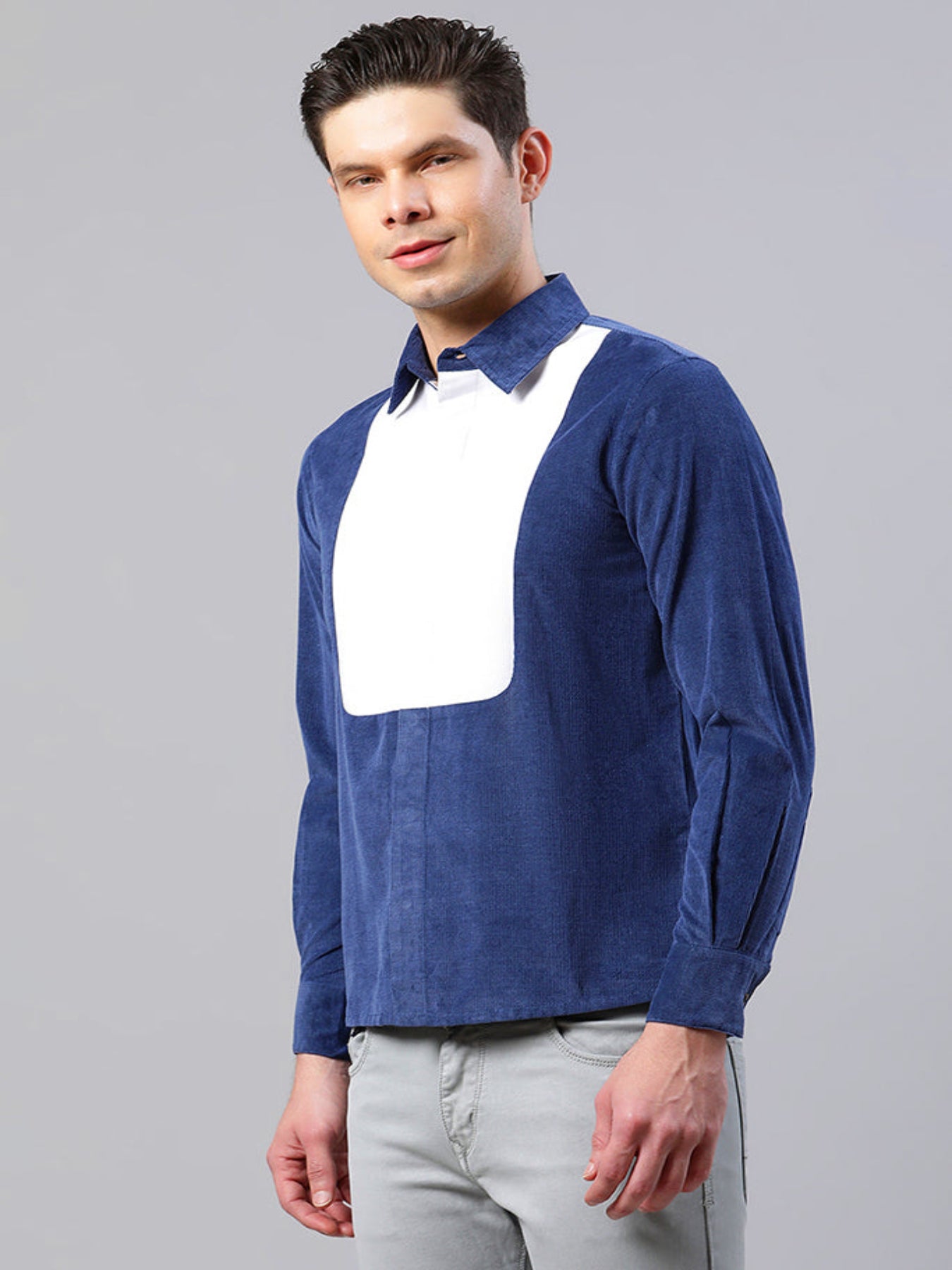 Men Blue And White Straight Fit Corduroy Shirt