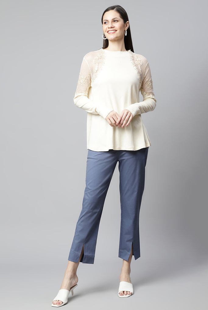 Blue Textured Straight-Fit Pant, Cropped Fit Pants for Ladies