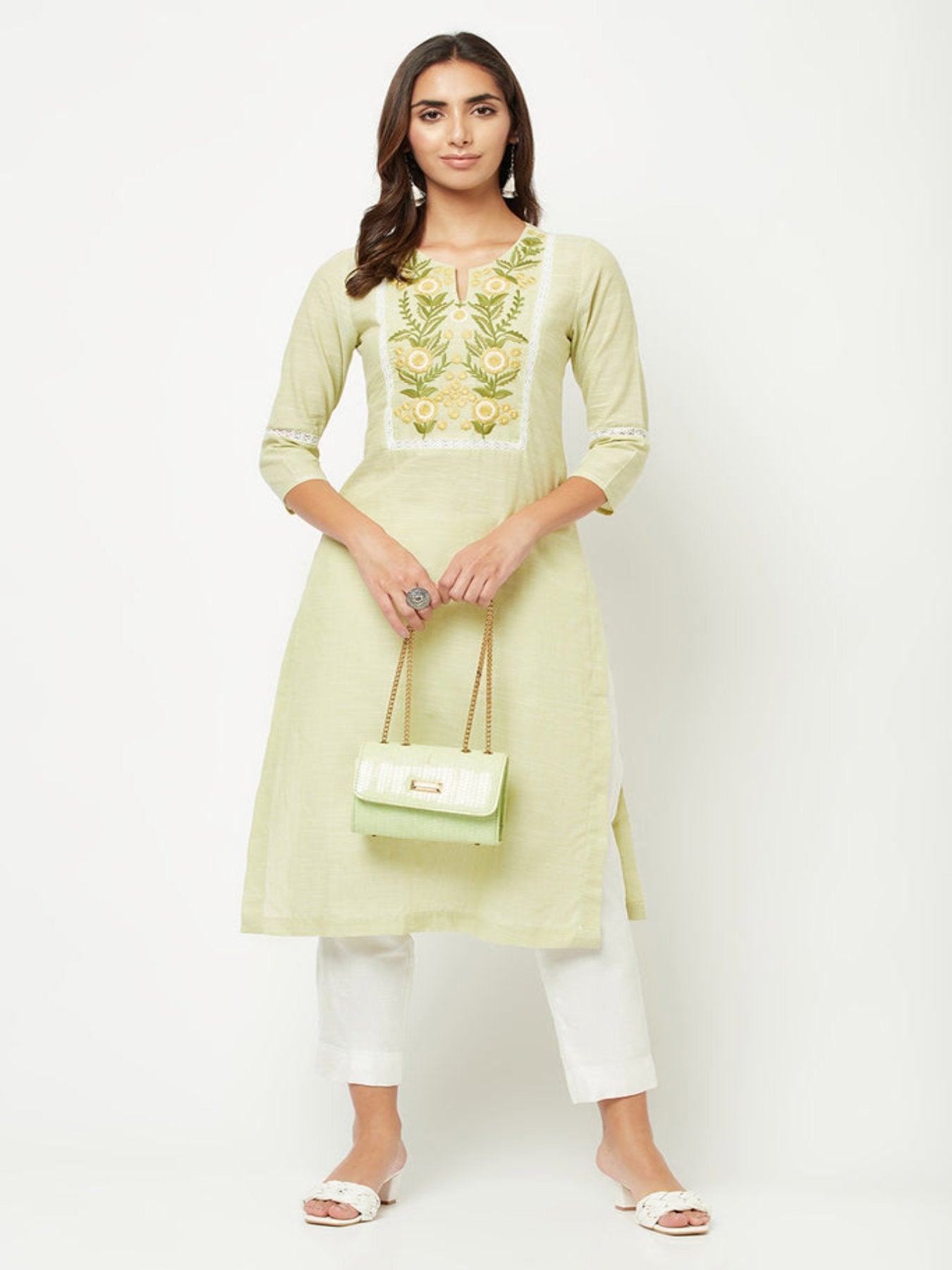 Lime Green Yoke Embroidered Kurta