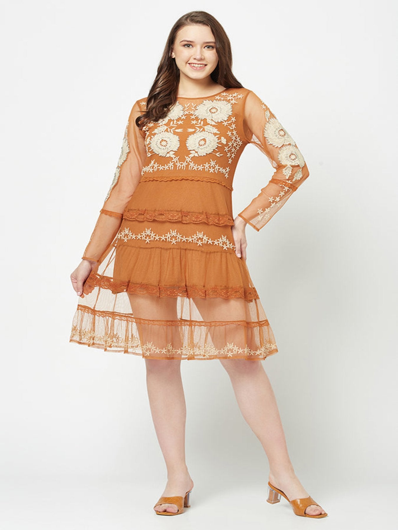 Orange Boho Embroidered Dress