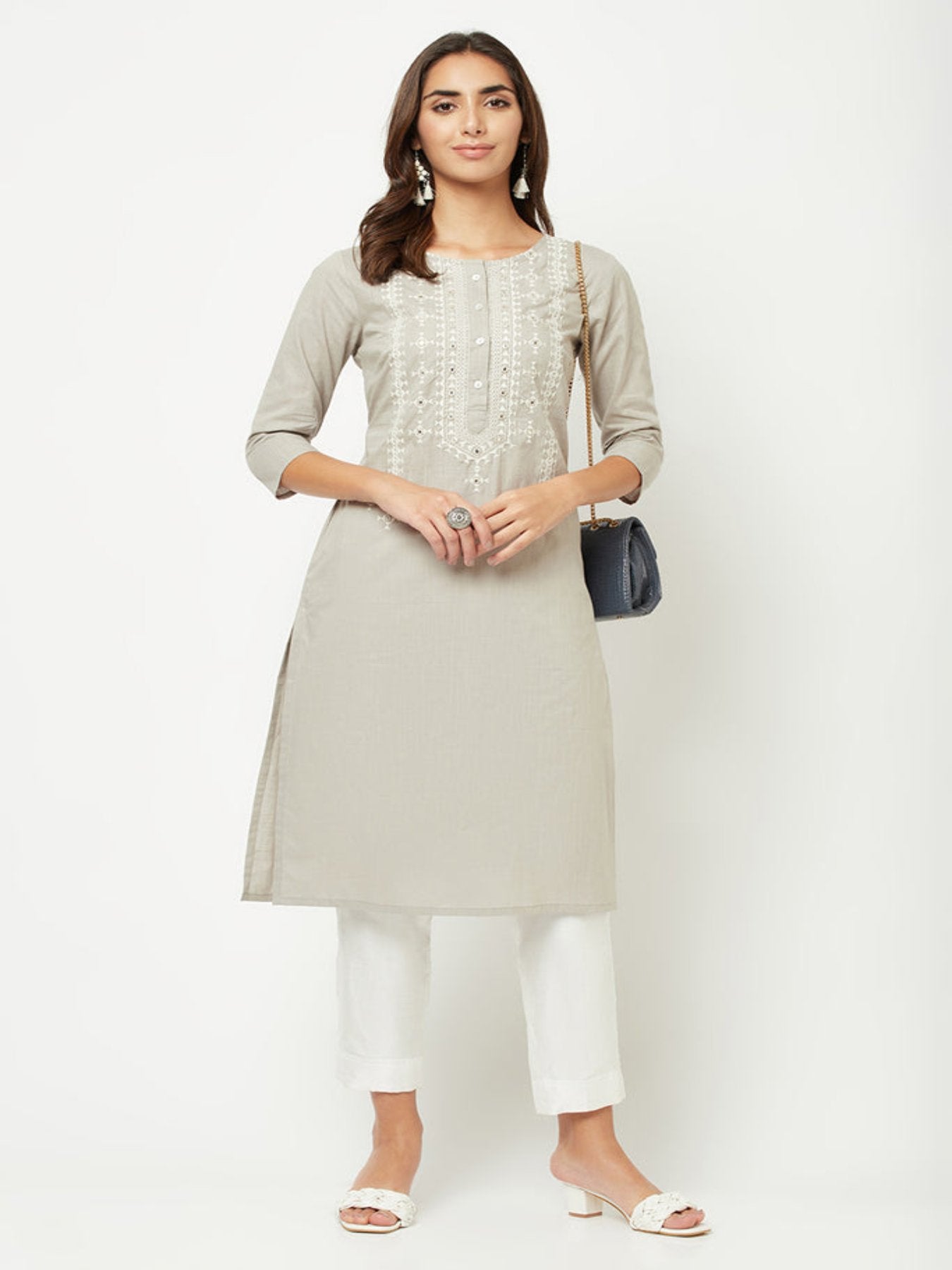 Grey Yoke Embroidered Kurta