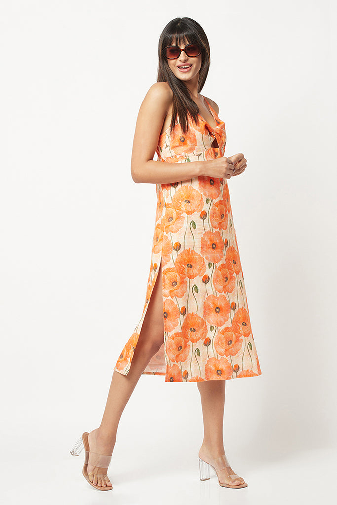 Orange Floral Shoulder Strap Dress