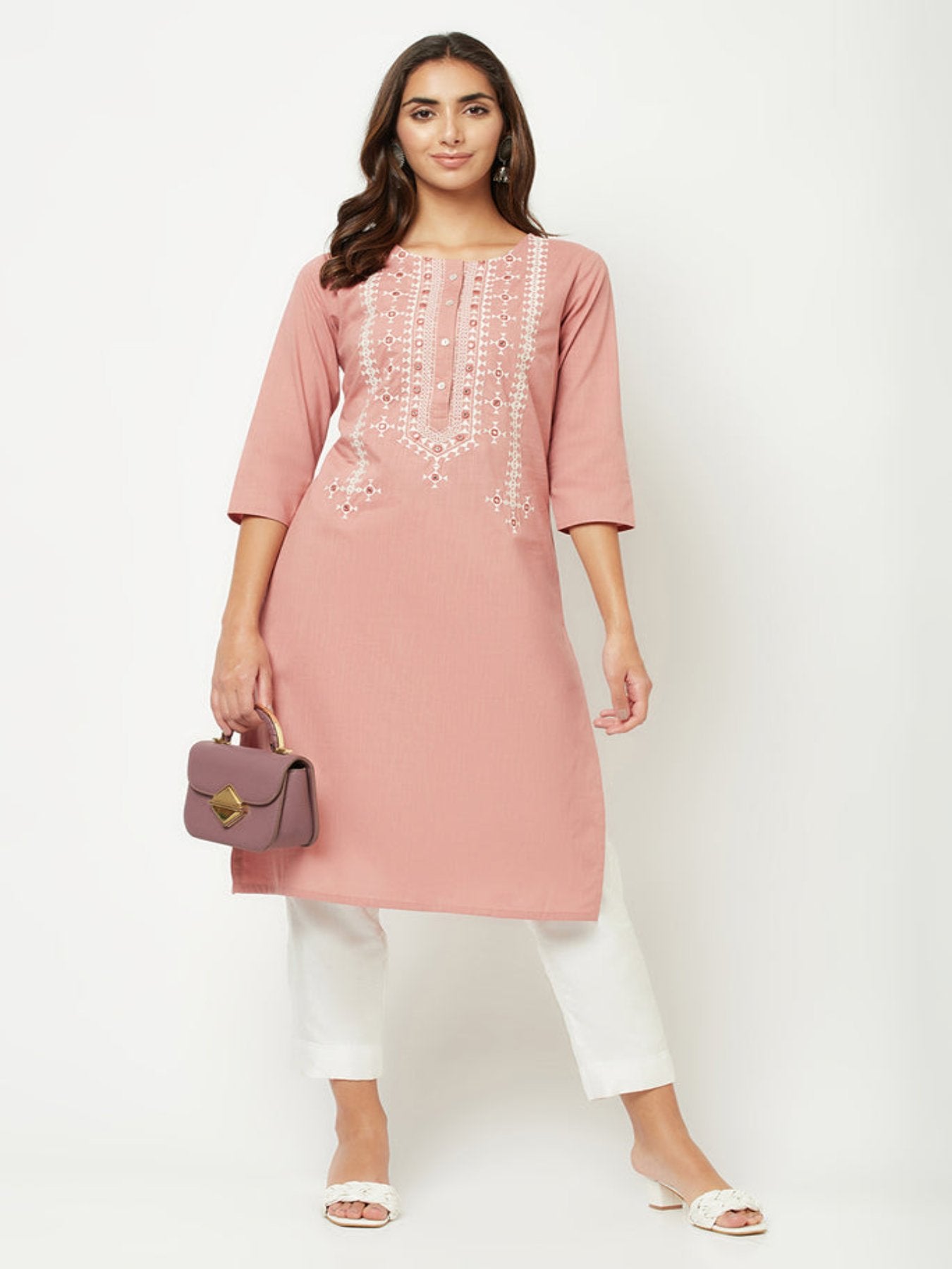 Old Rose-pink Yoke Embroidered Kurta