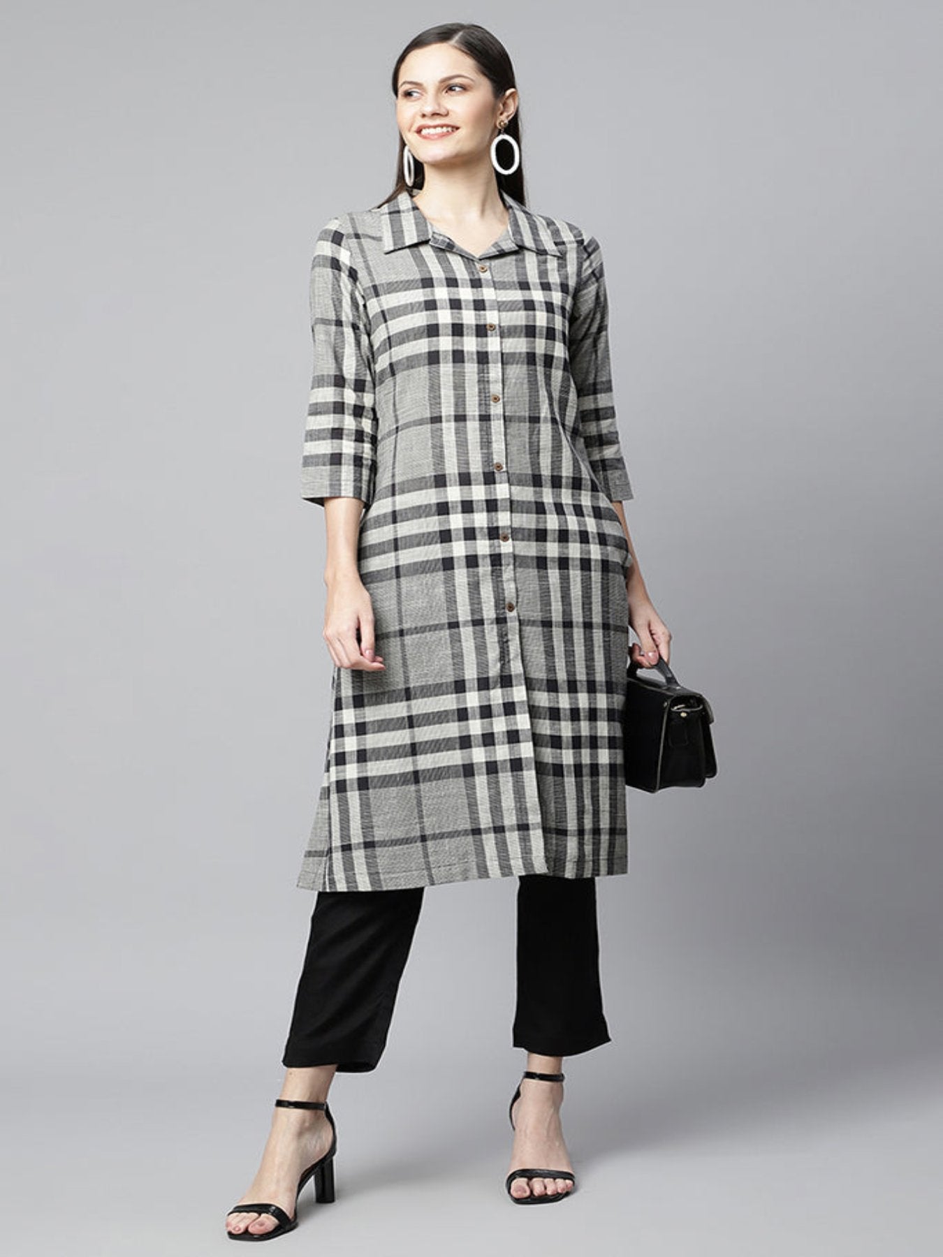 Grey And Black Check Printed Straight Kurtas