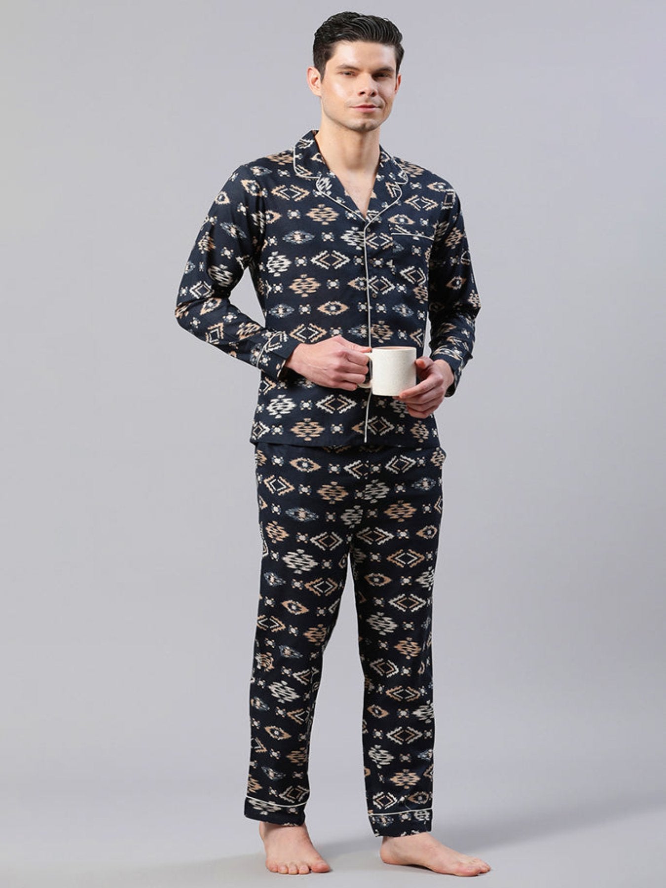 Men Navy Blue Ikkat Print Loungewear Set