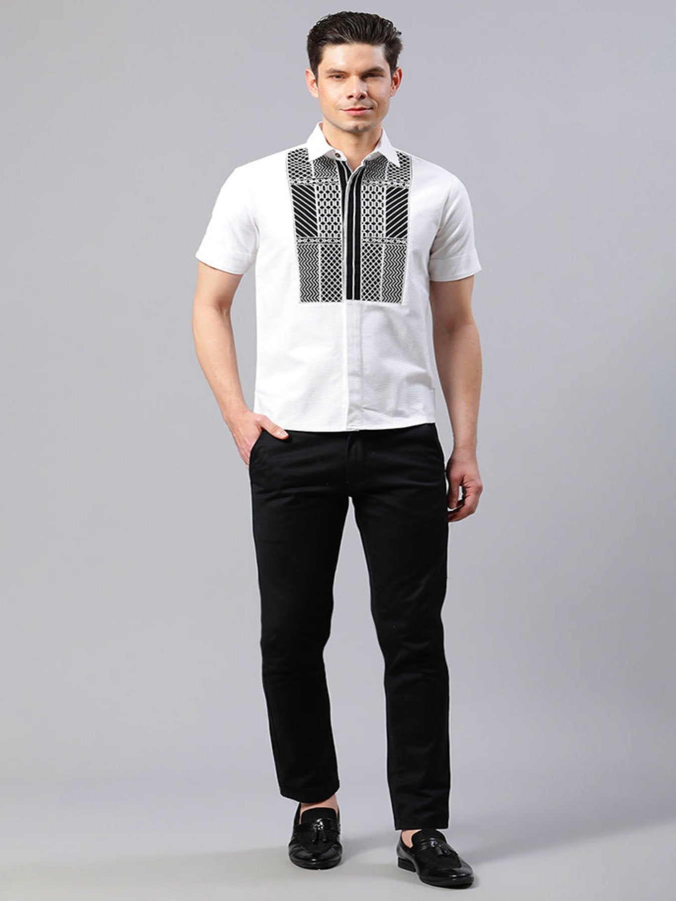 White Yoke Embroidered Straight Fit Shirt