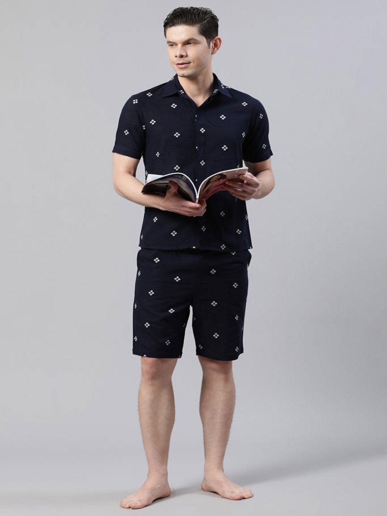 Men Geometric Motif Navy Blue Loungewear