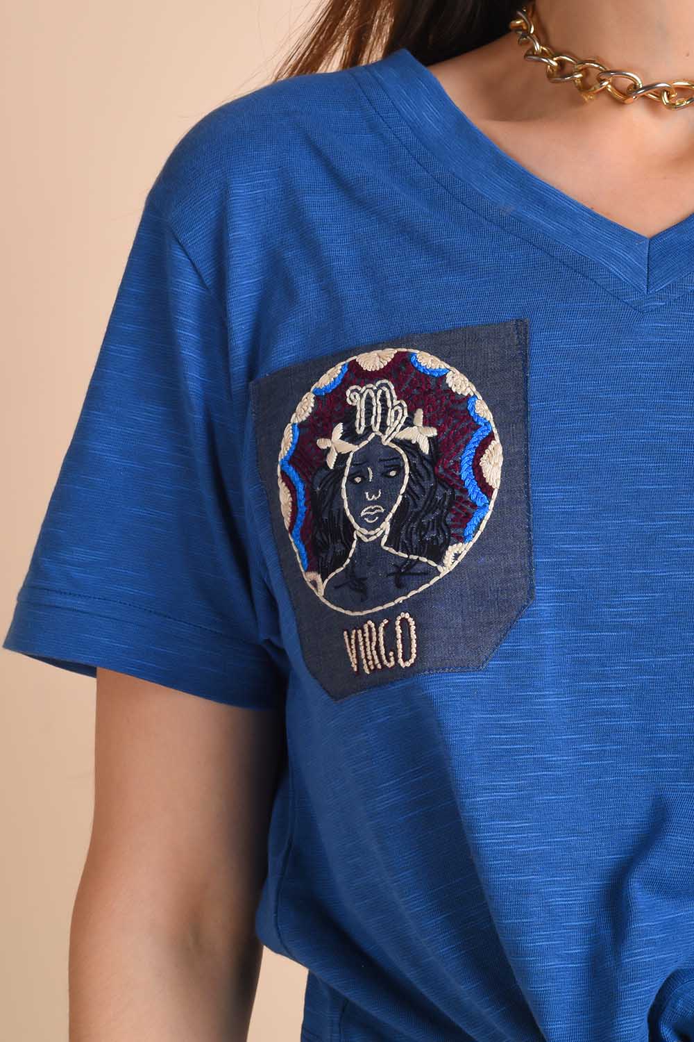 Blue Embroidered Virgo Zodiac Crop-Top