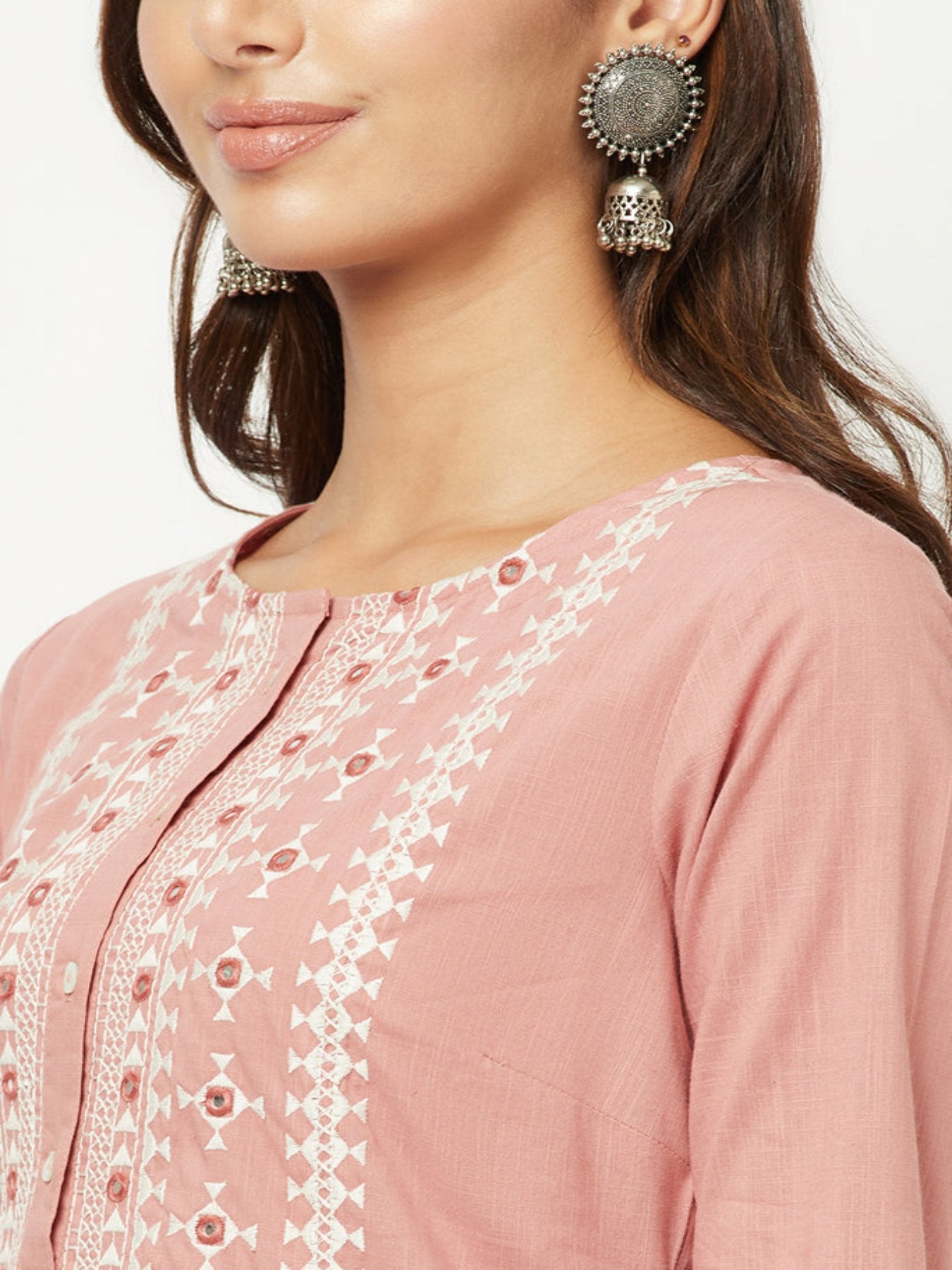 Old Rose-pink Yoke Embroidered Kurta