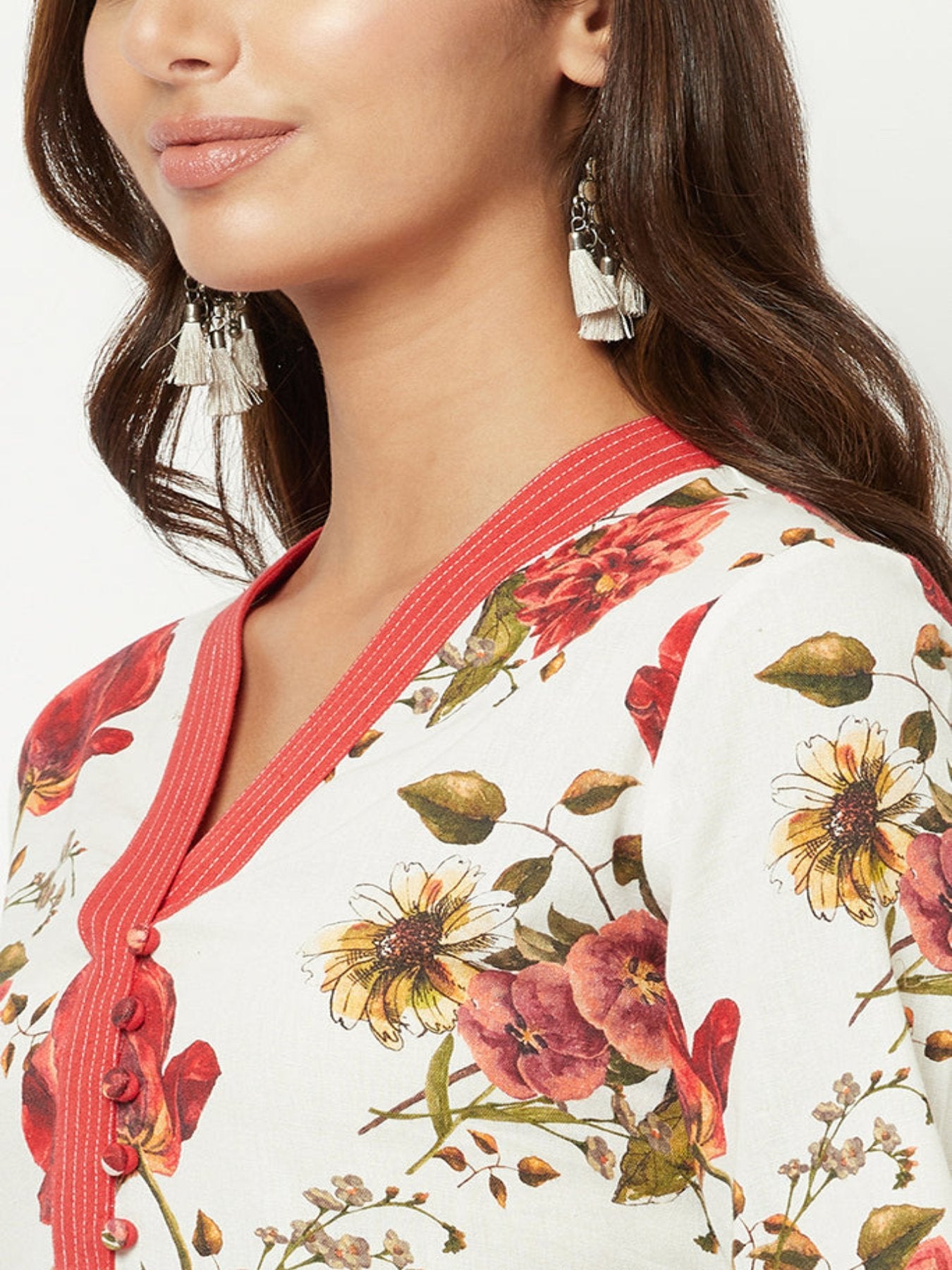 Red And White Floral Kurta