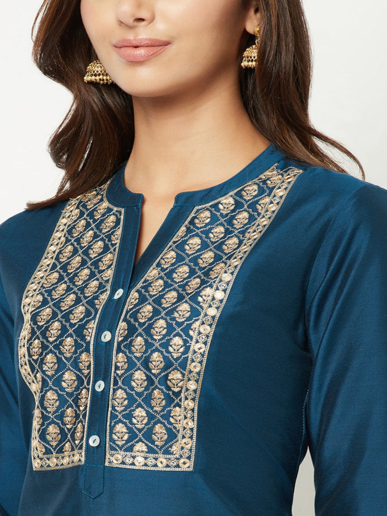 Teal Blue Yoke Embroidered Silk Kurta Set