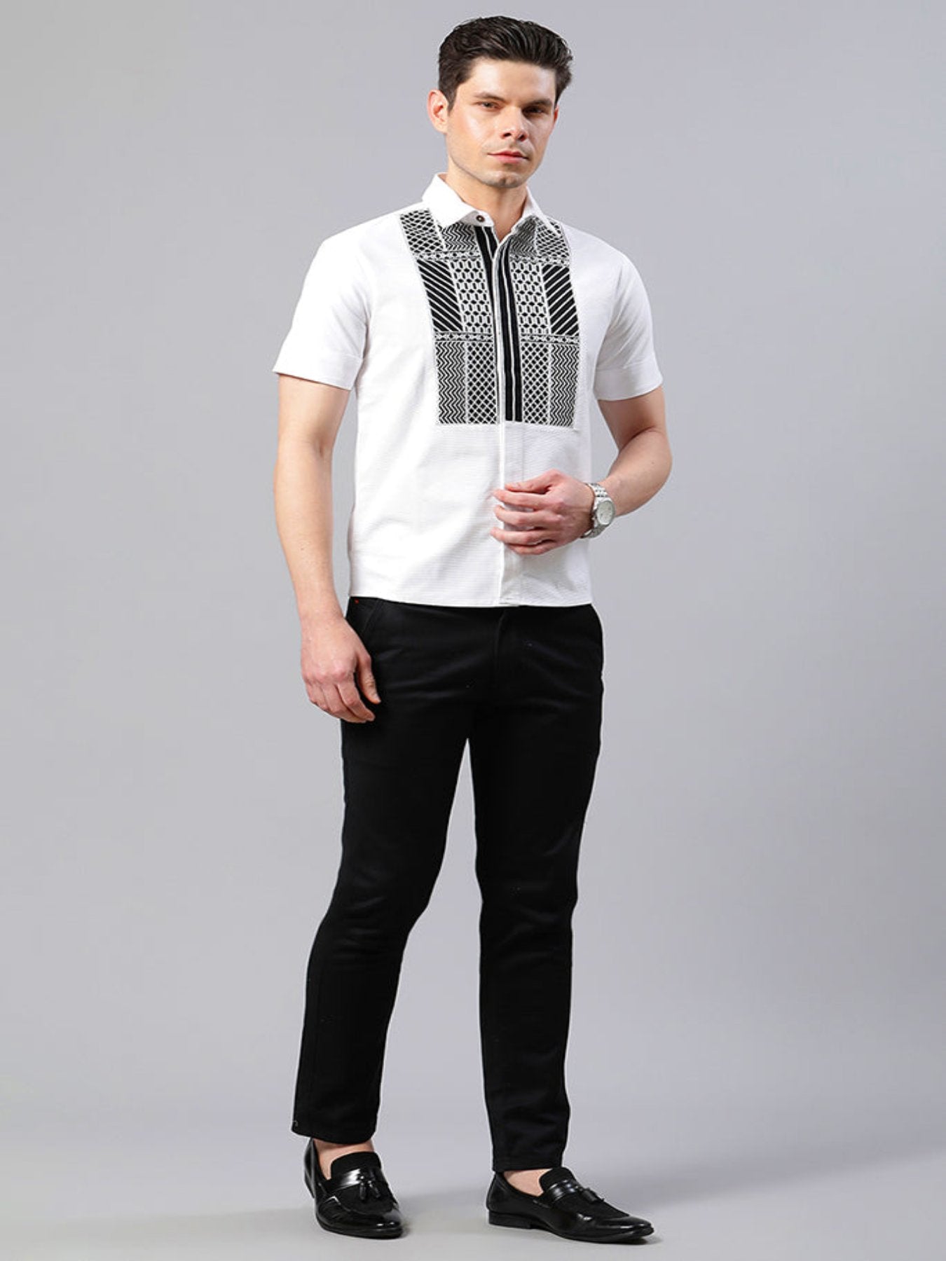 White Yoke Embroidered Straight Fit Shirt