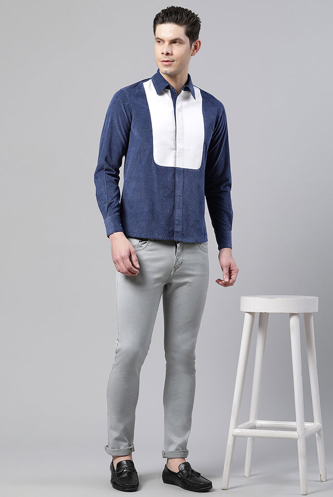 Men Blue And White Straight Fit Corduroy Shirt