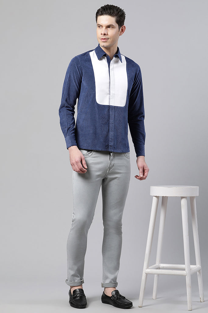 Men Blue And White Straight Fit Corduroy Shirt