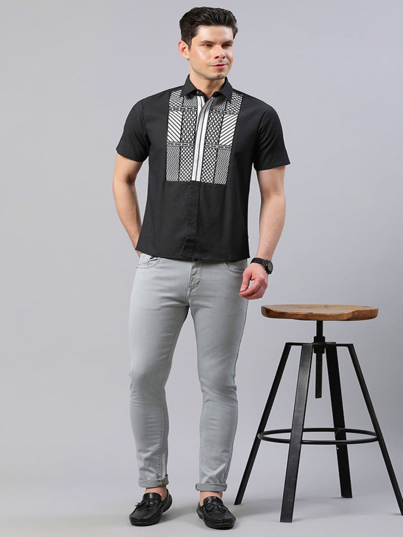 Black Yoke Embroidered Straight Fit Shirt