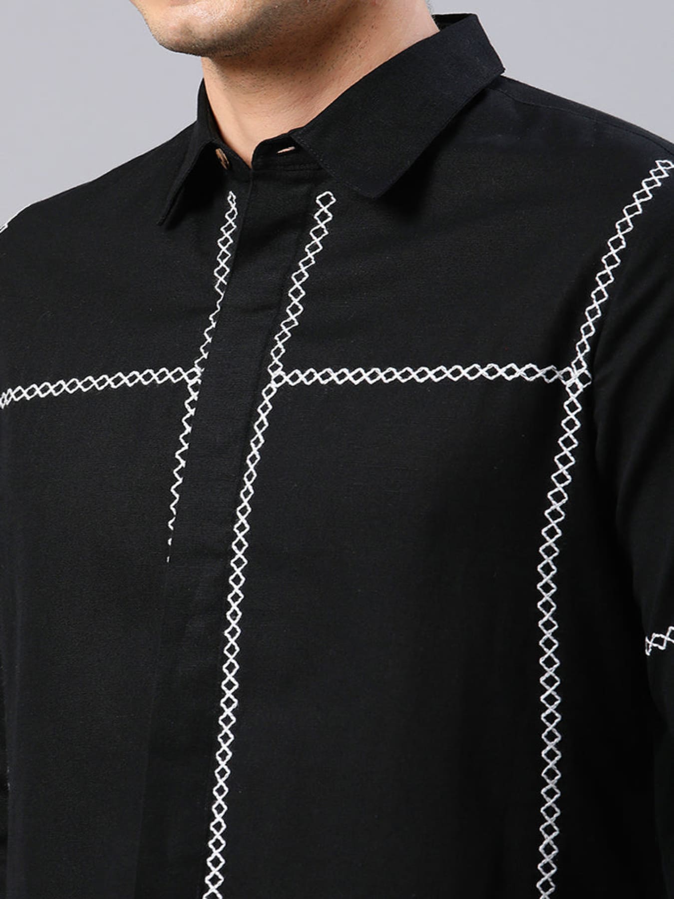 Men Black Cross-Stitch Embroidered Shirt