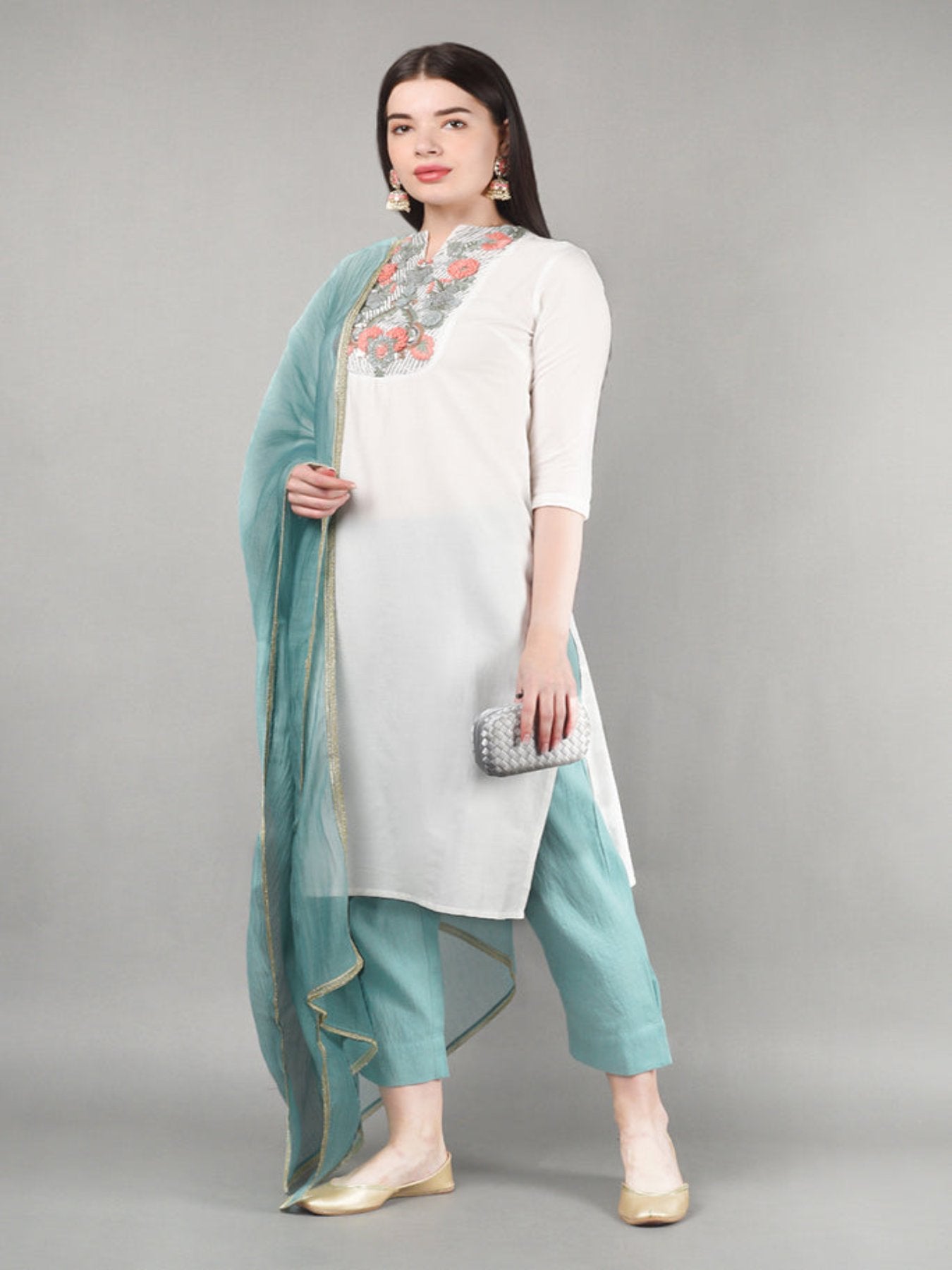 White & Blue Straight Kurta Set, cotton suit set with dupatta