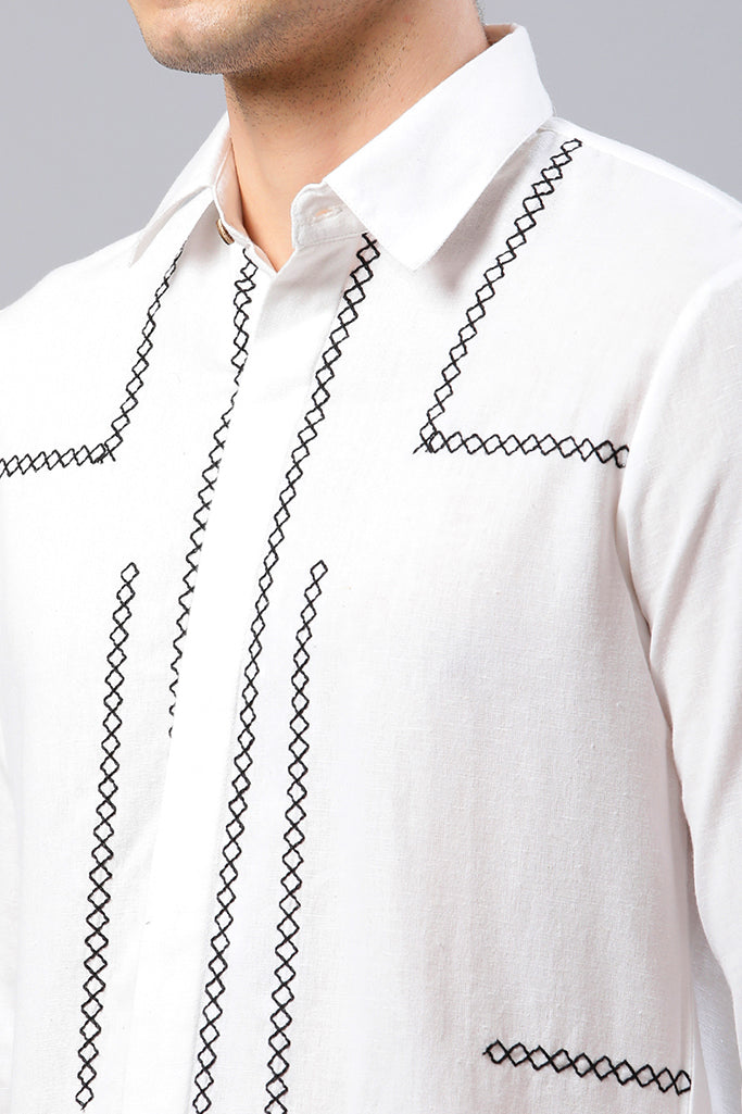 Classy White Cross-Stitch Embroidered Shirt