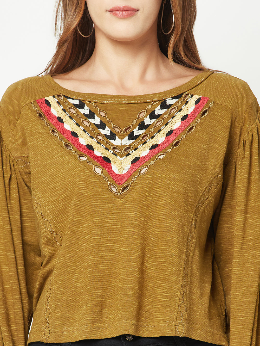 Olive Embroidered Balloon Sleeve Top