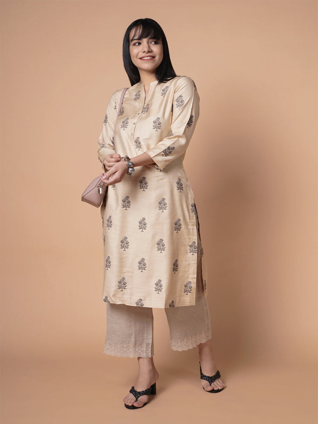 Beige Floral Pst Kurta