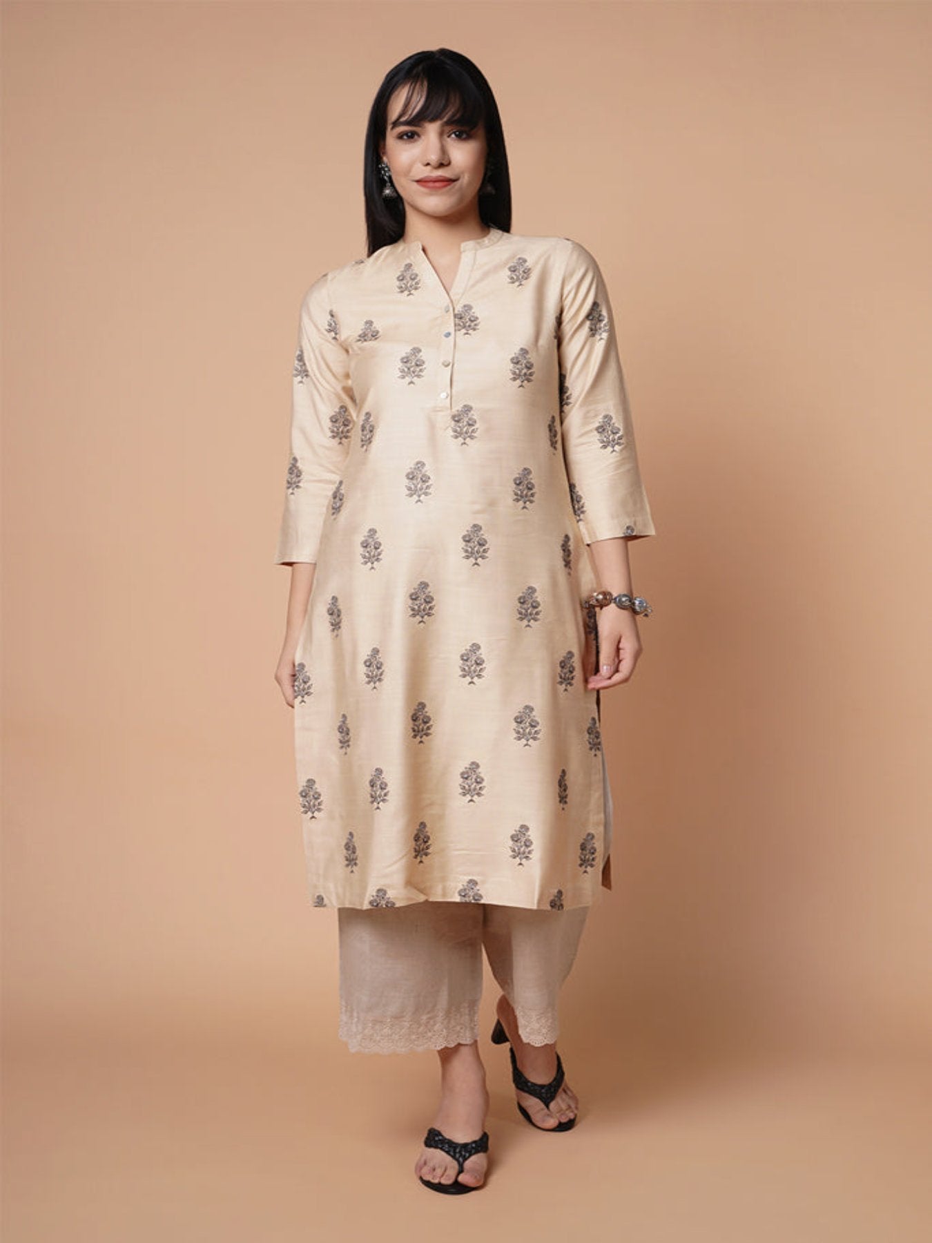 Beige Floral Pst Kurta