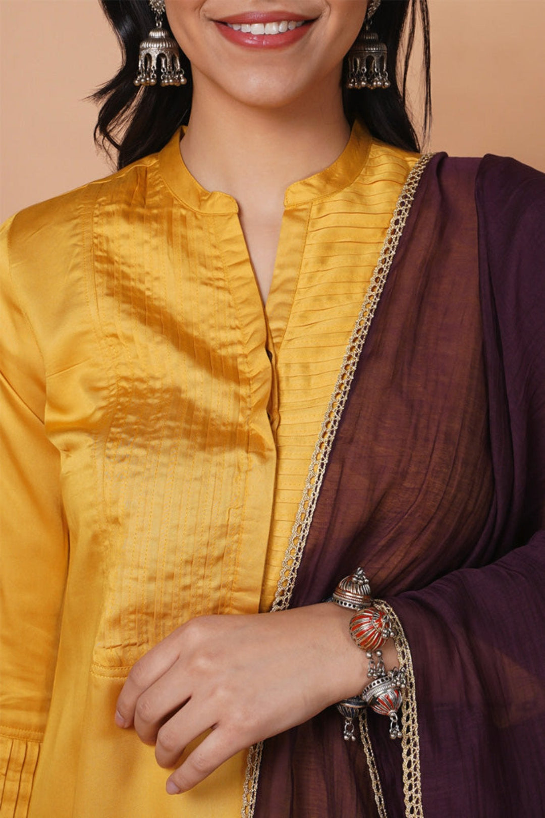 Honey Pleated Kurta Set With Dupatta