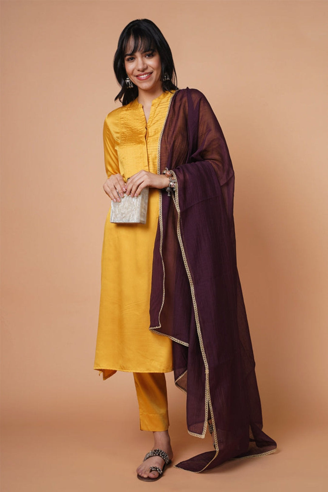 Honey Pleated Kurta Set With Dupatta