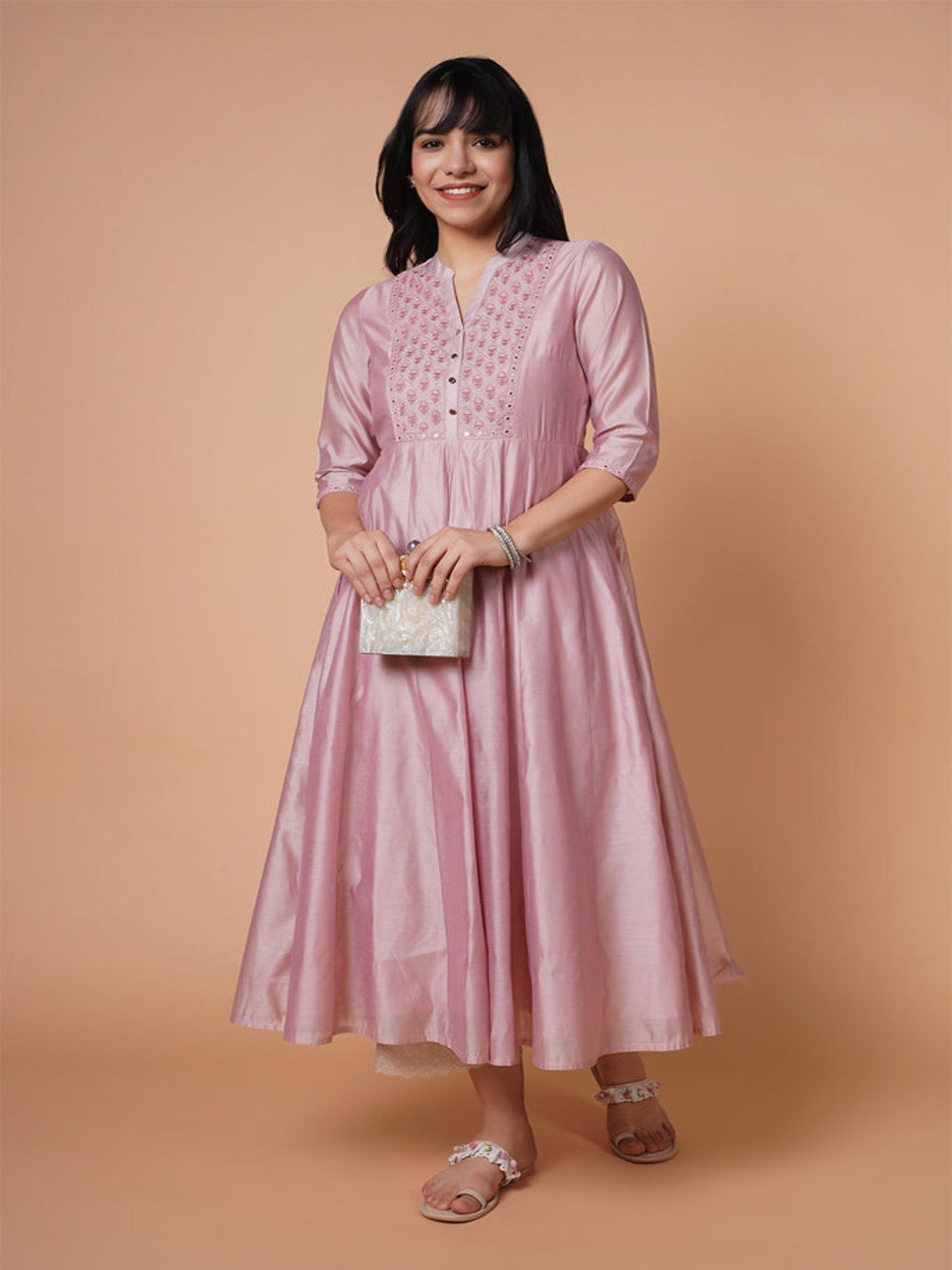 Mature Pink Chanderi Emb Kurta