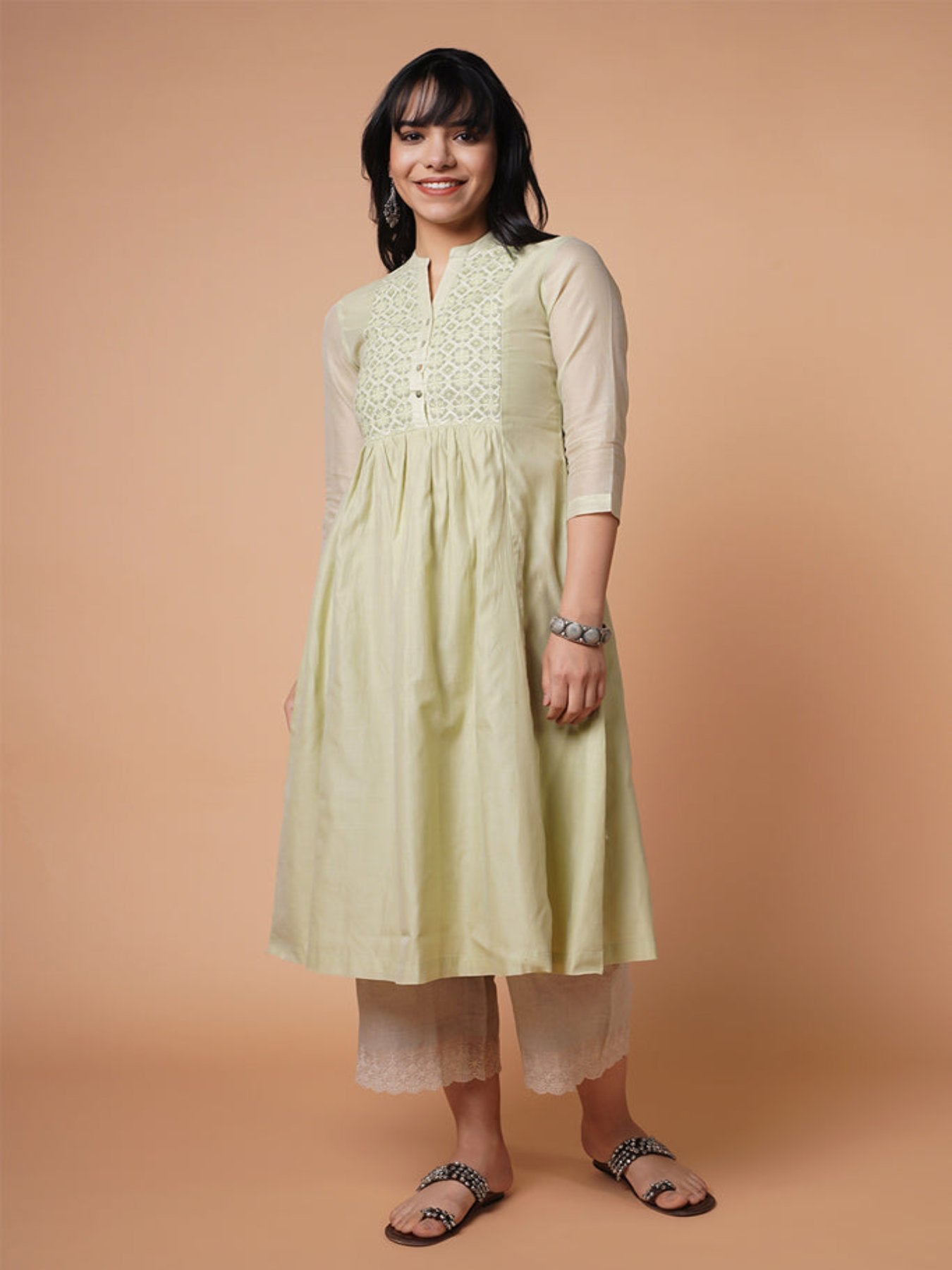 Tea Green Chanderi Emb Kurta