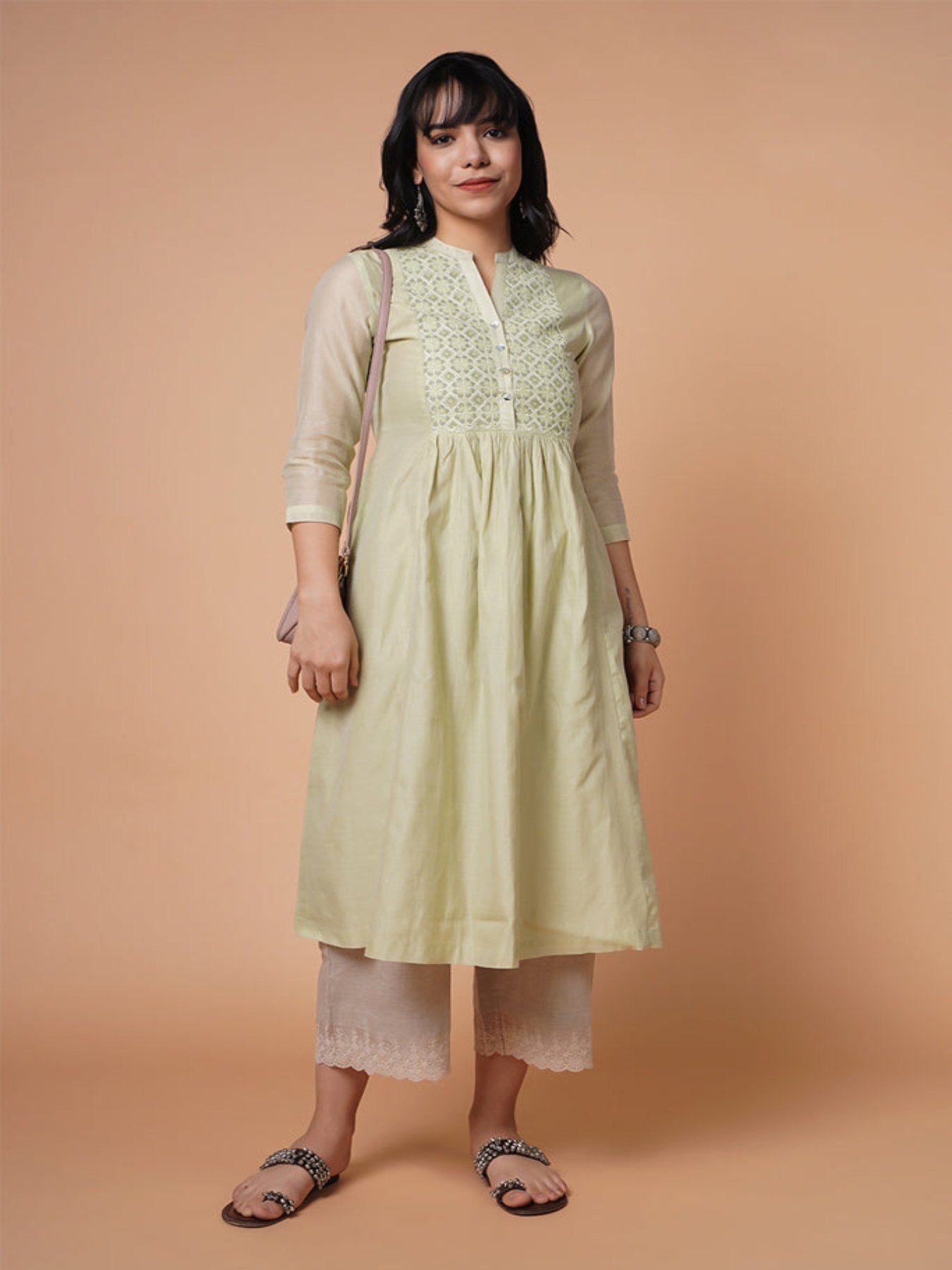 Tea Green Chanderi Emb Kurta