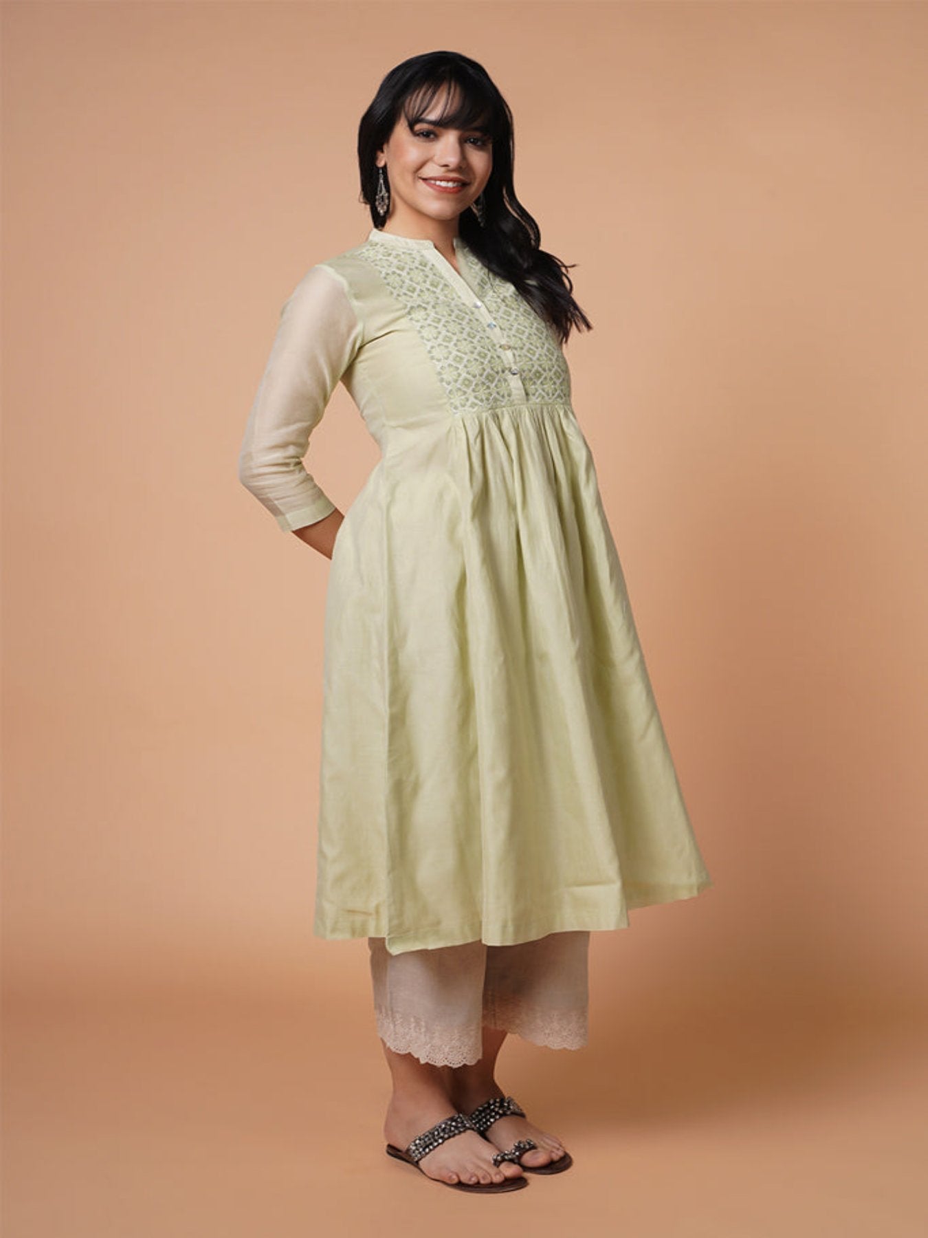 Tea Green Chanderi Emb Kurta