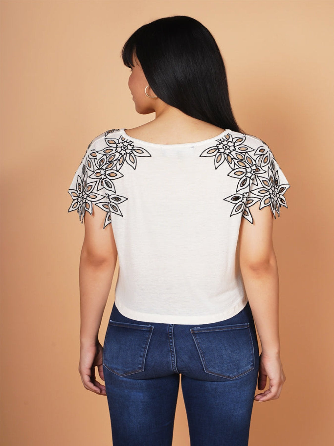 Creamy Cut-work Embroidered Knotted Top