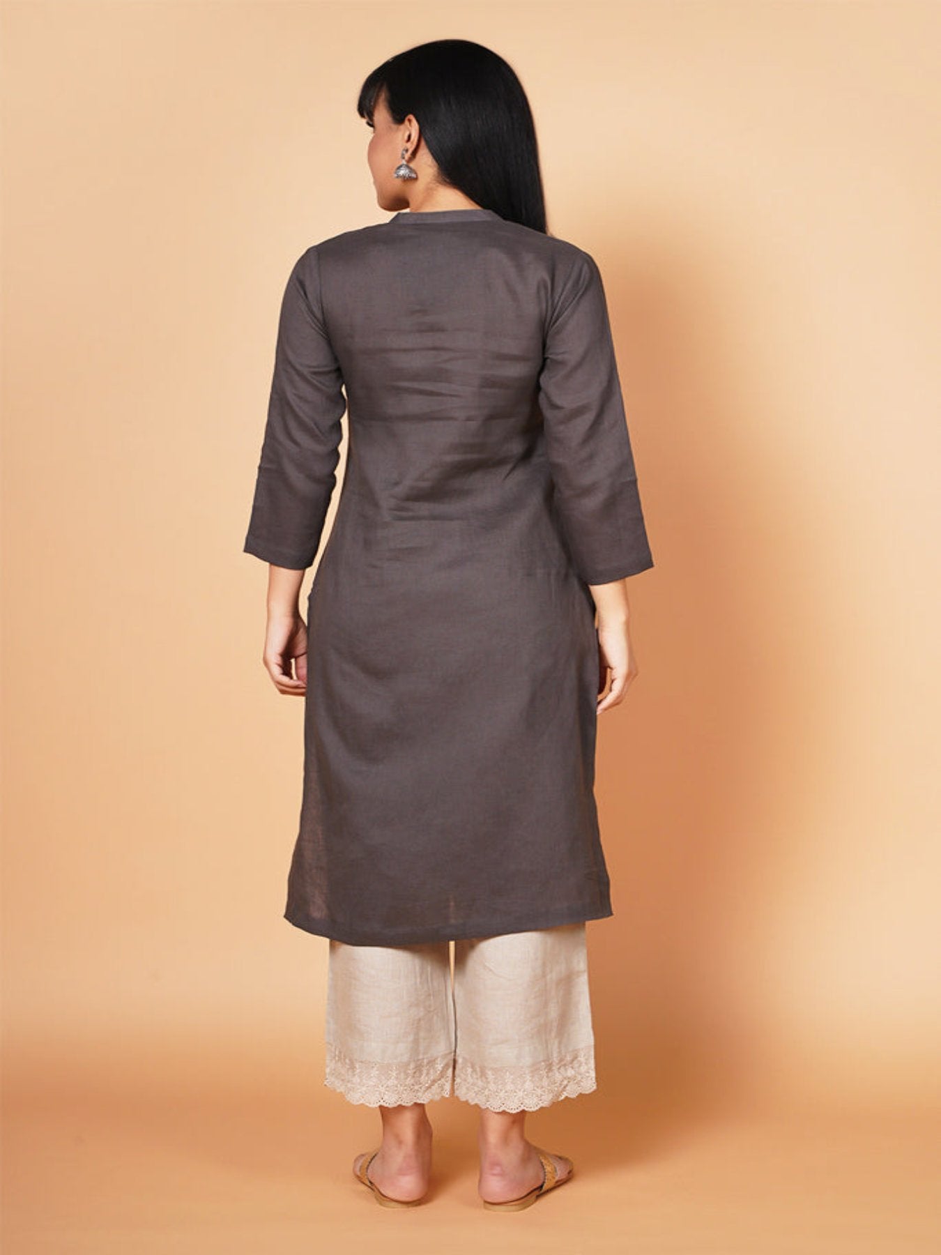 Charcoal Floral Embroidered Linen Kurta