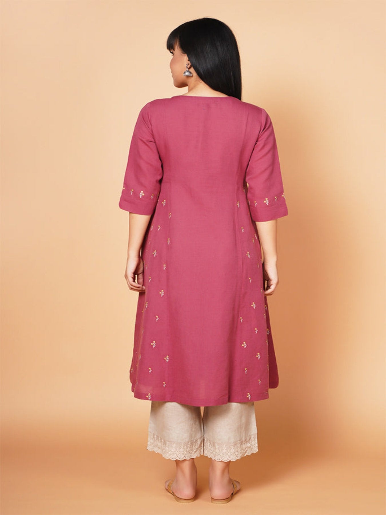 Old Rose A Line Embroidered Linen Kurta