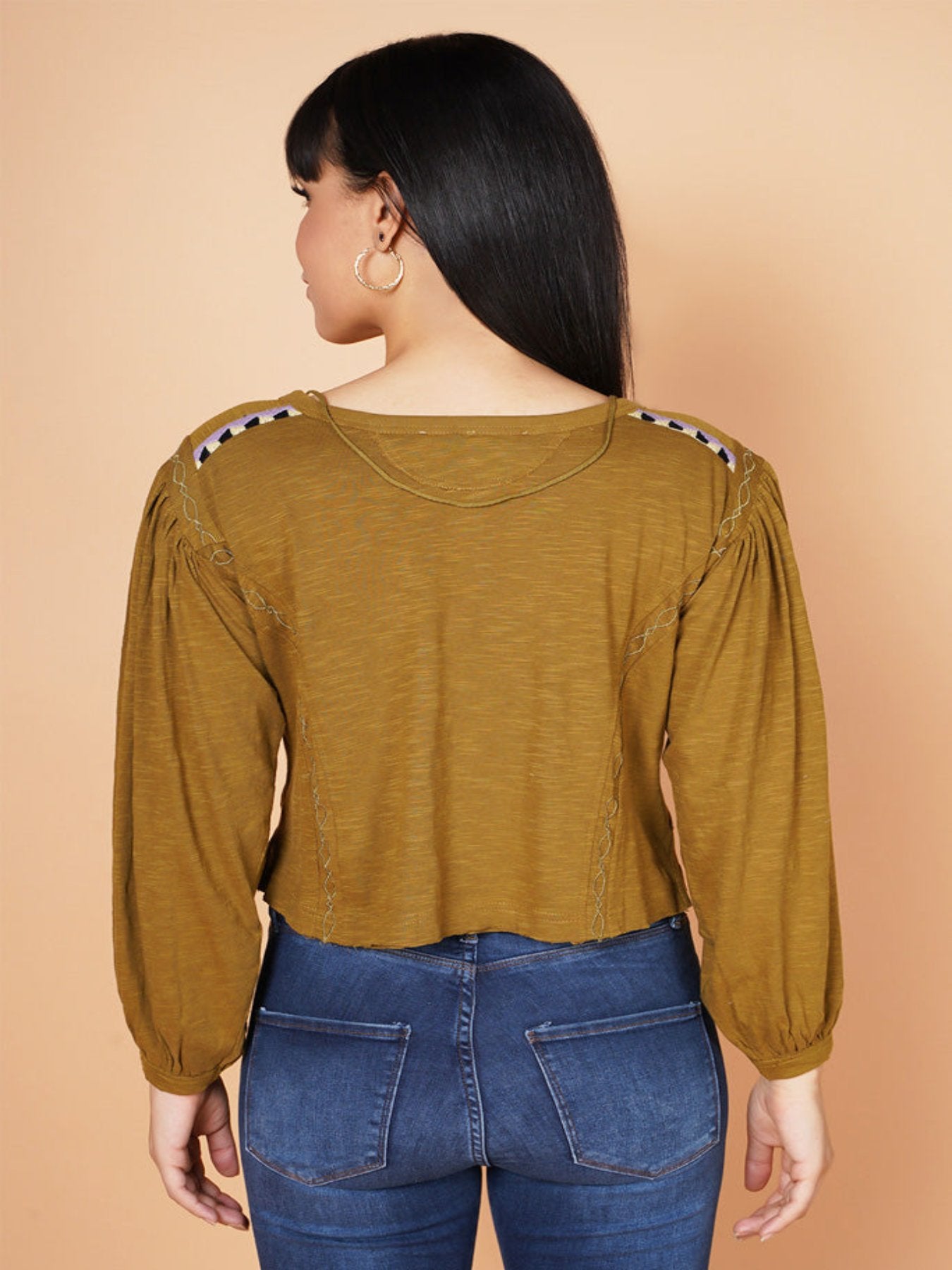 Deep Swamp Embroidered Balloon Sleeve Top