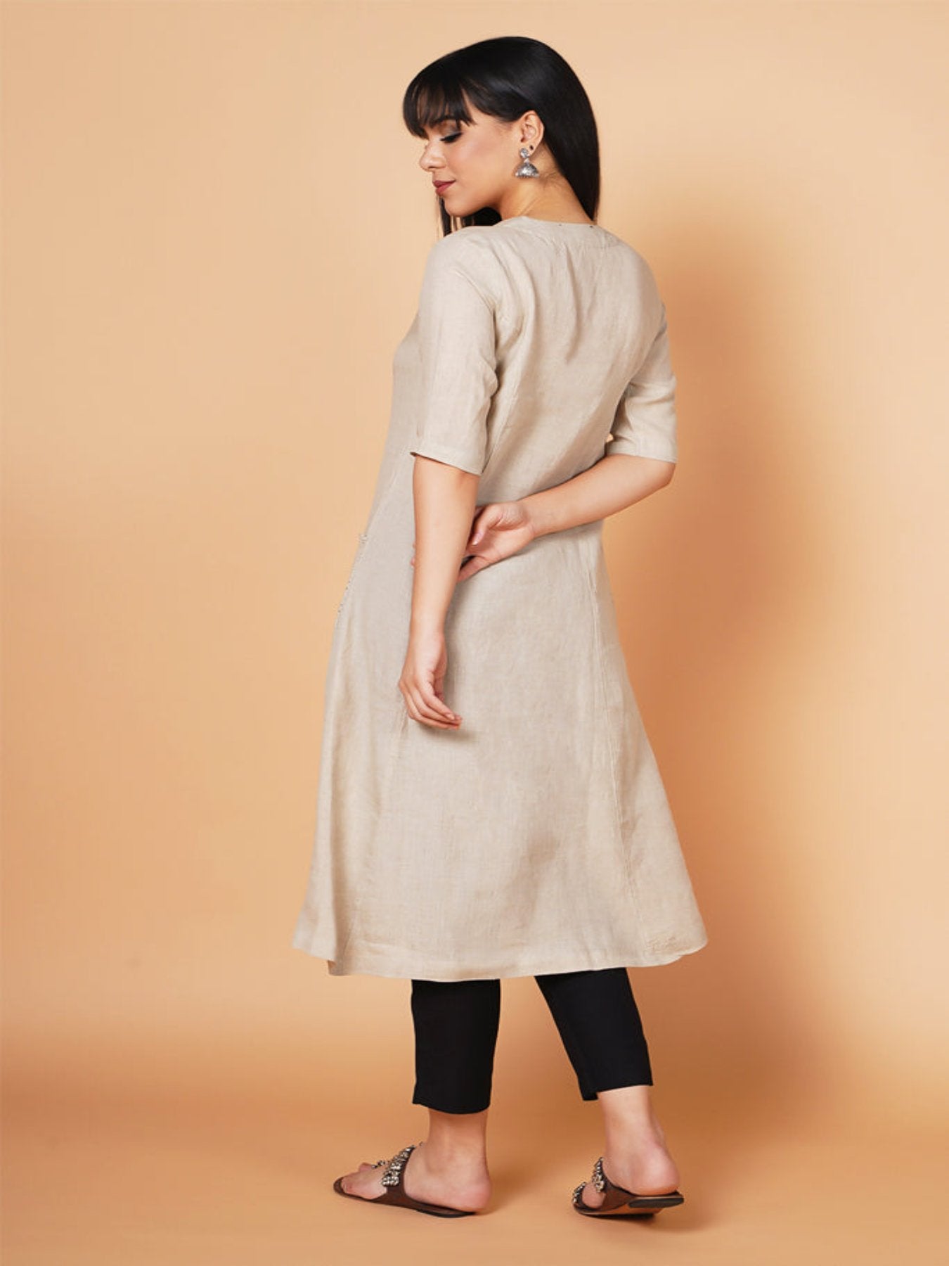 Beige A-line Linen Kurta