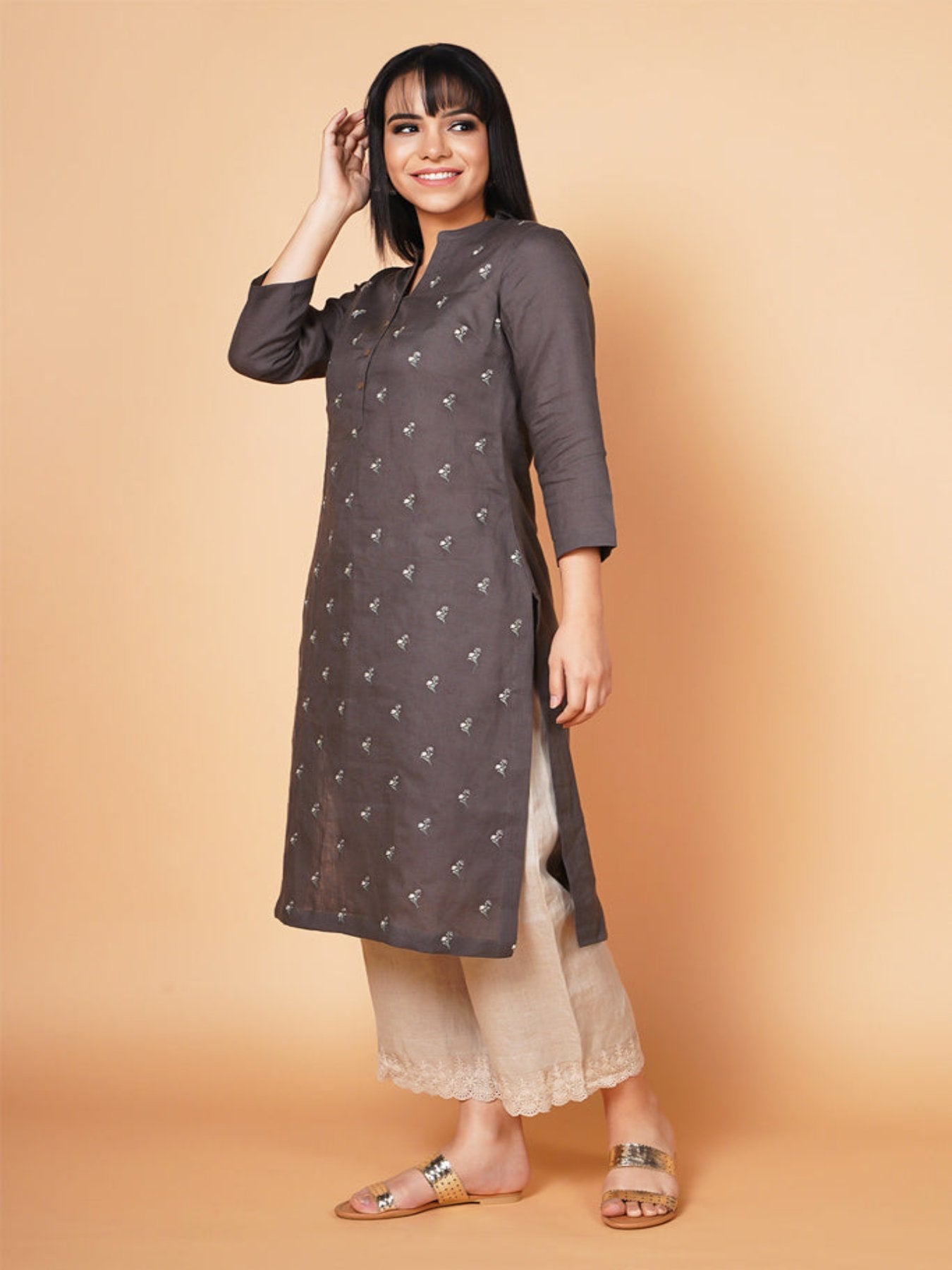 Charcoal Floral Embroidered Linen Kurta