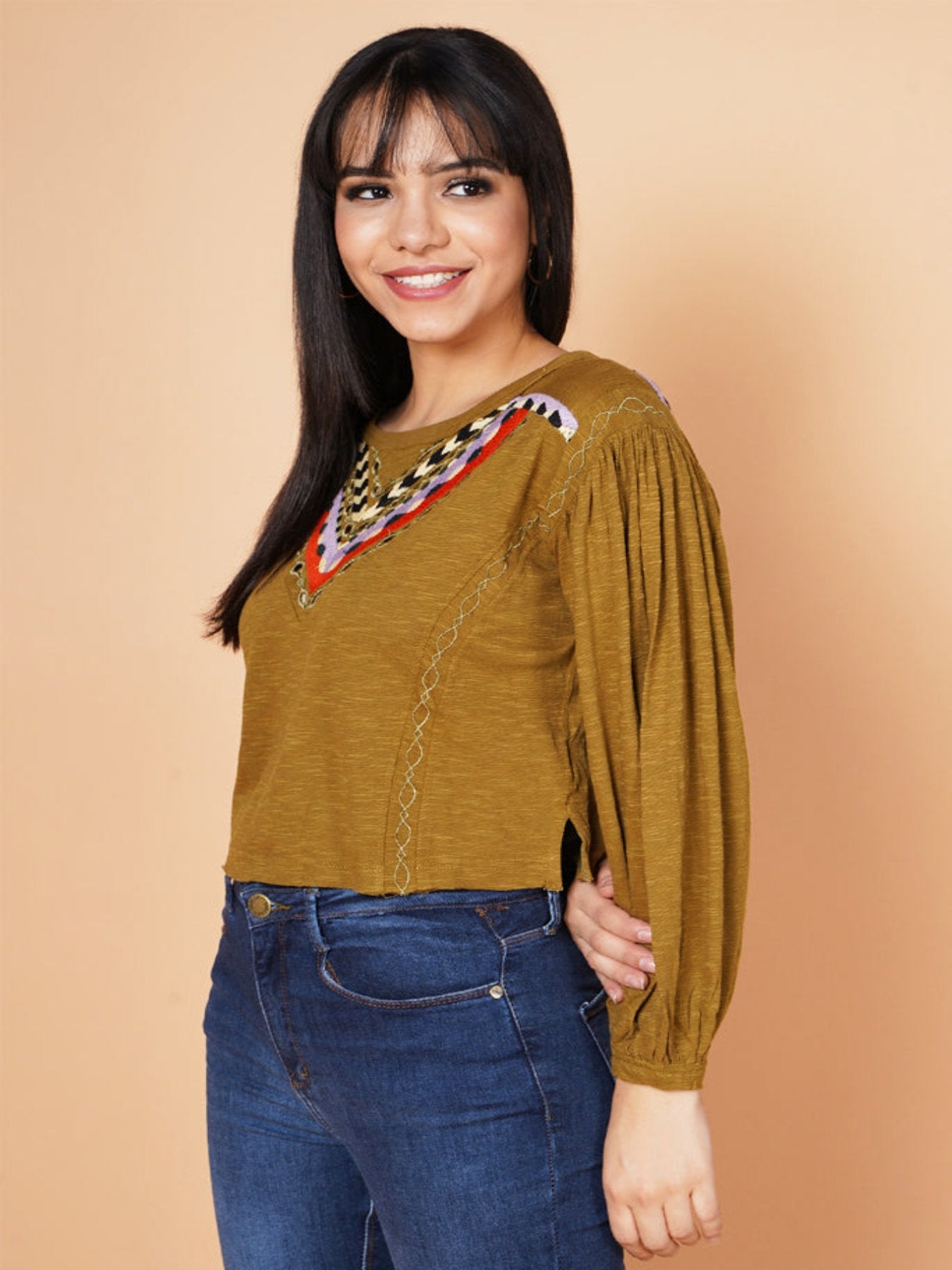 Deep Swamp Embroidered Balloon Sleeve Top