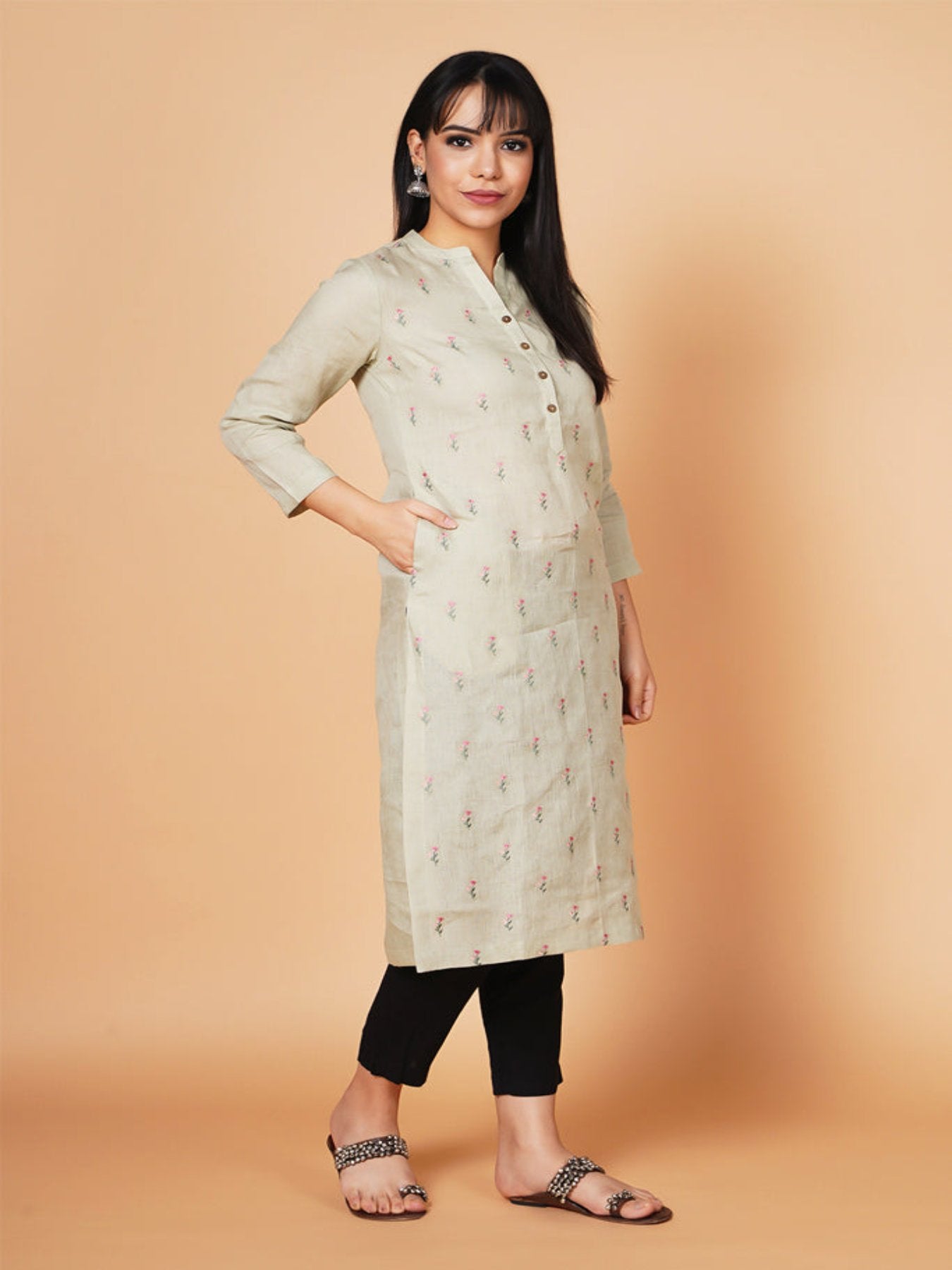 Pistachio Floral Embroidered Linen Kurta