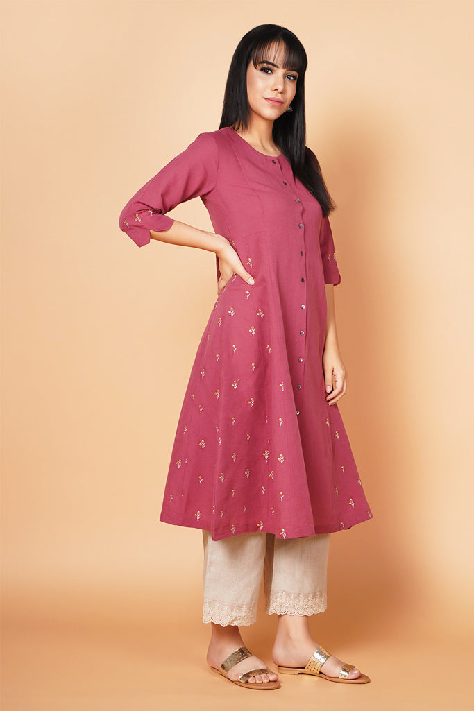 Old Rose A Line Embroidered Linen Kurta