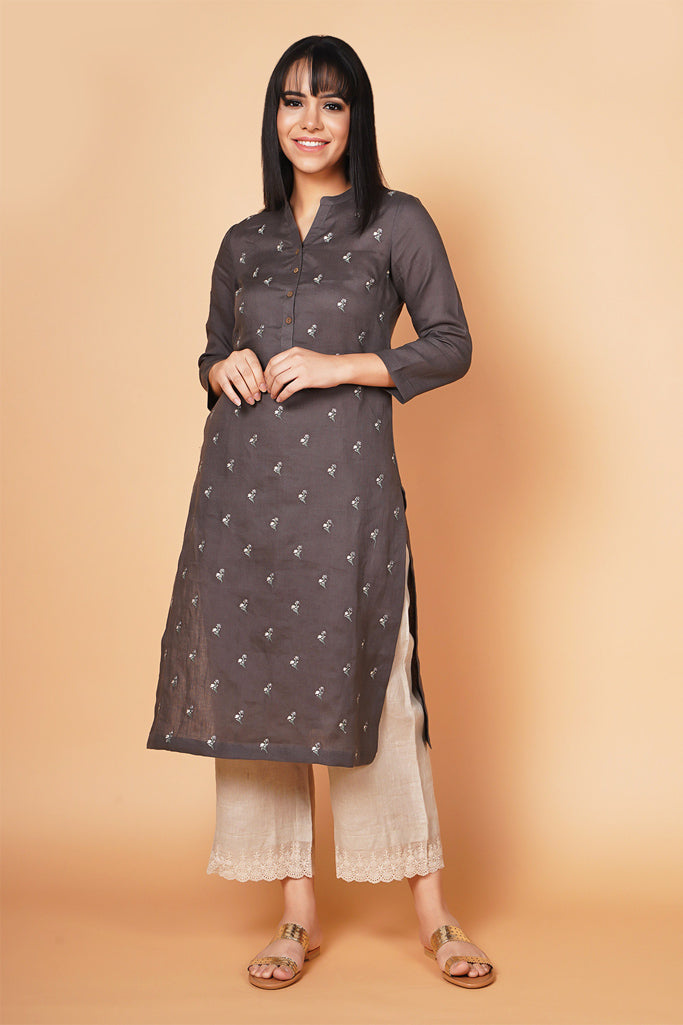 Charcoal Floral Embroidered Linen Kurta