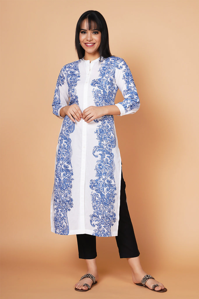 White And Blue Floral Printed Kurta
