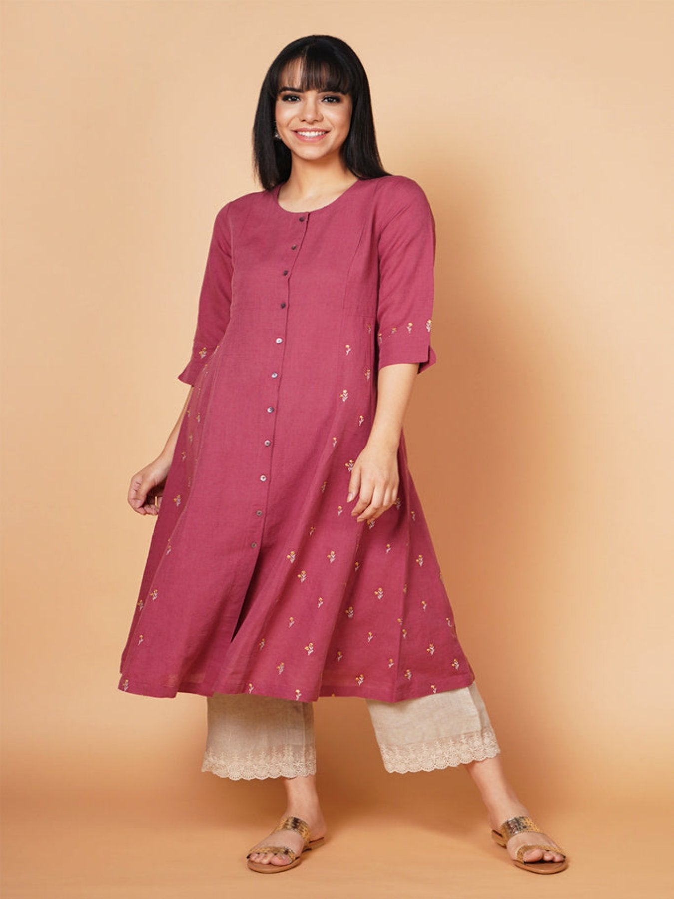 Old Rose A Line Embroidered Linen Kurta