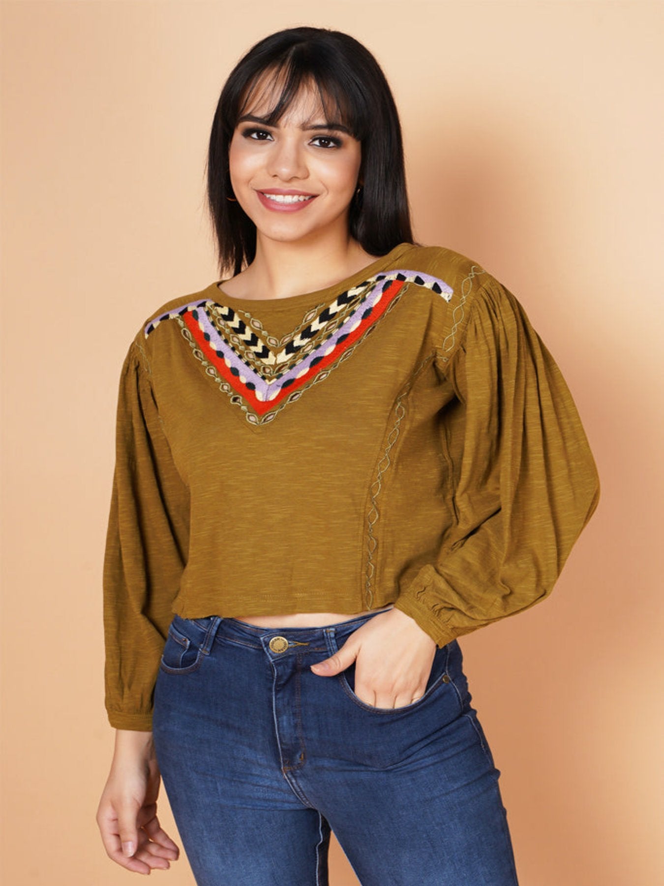 Deep Swamp Embroidered Balloon Sleeve Top