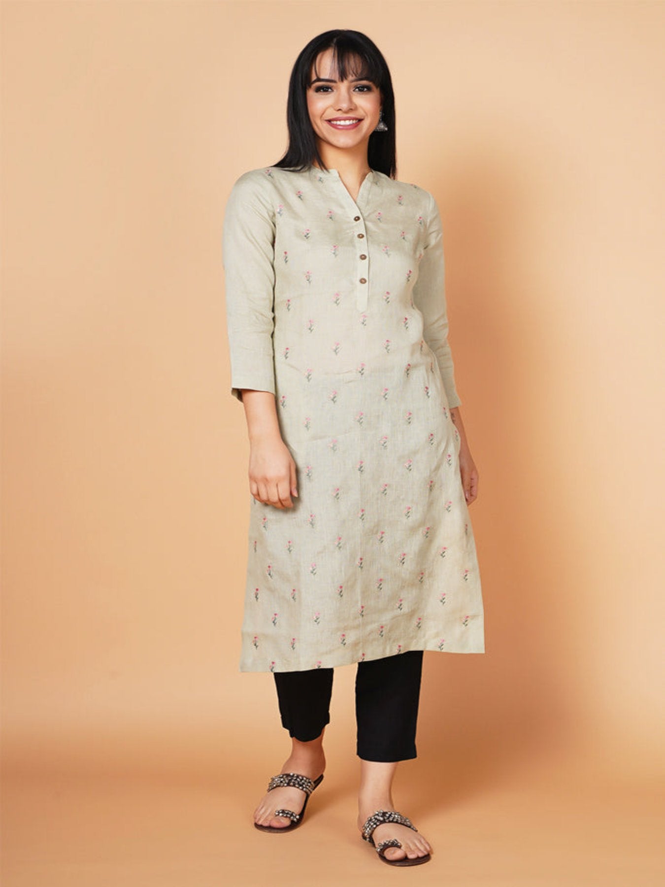 Pistachio Floral Embroidered Linen Kurta