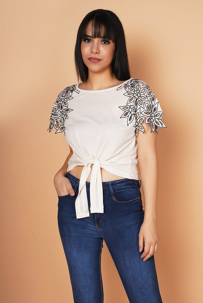 Creamy Cut-work Embroidered Knotted Top